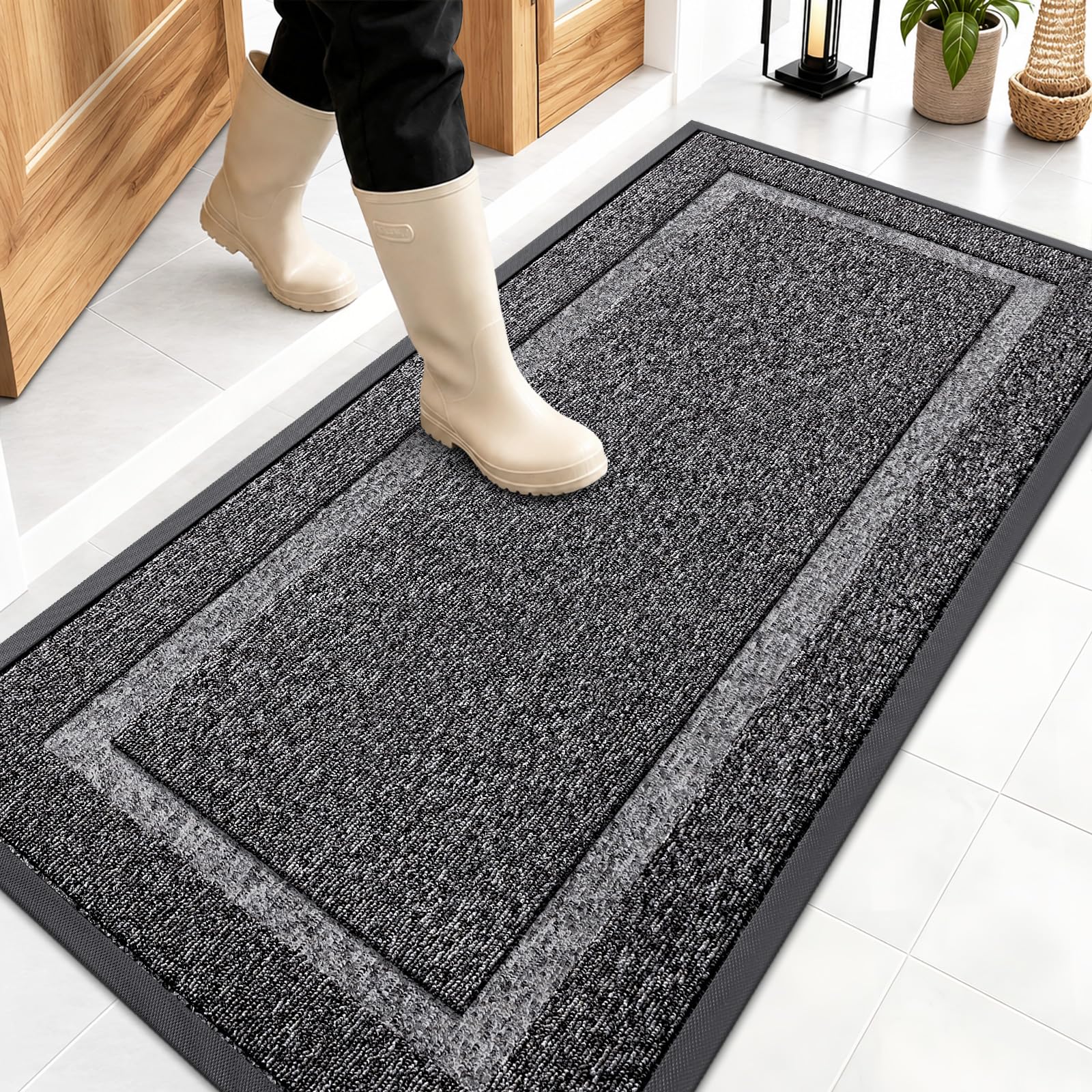 OLANLY Front Door Mat Outside 47x23, All-Season Heavy-Duty Rubber Doormat | Black and White, Absorbent, Stain and Fade Resistant, Non-Slip Backing, Low-Profile Indoor Outdoor Floor Mat for Entryway