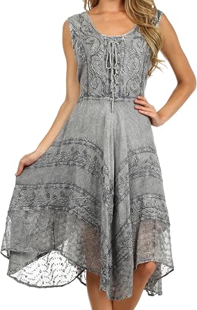 Sakkas Sundara Stonewashed Rayon Embroidered Mid Length Dress