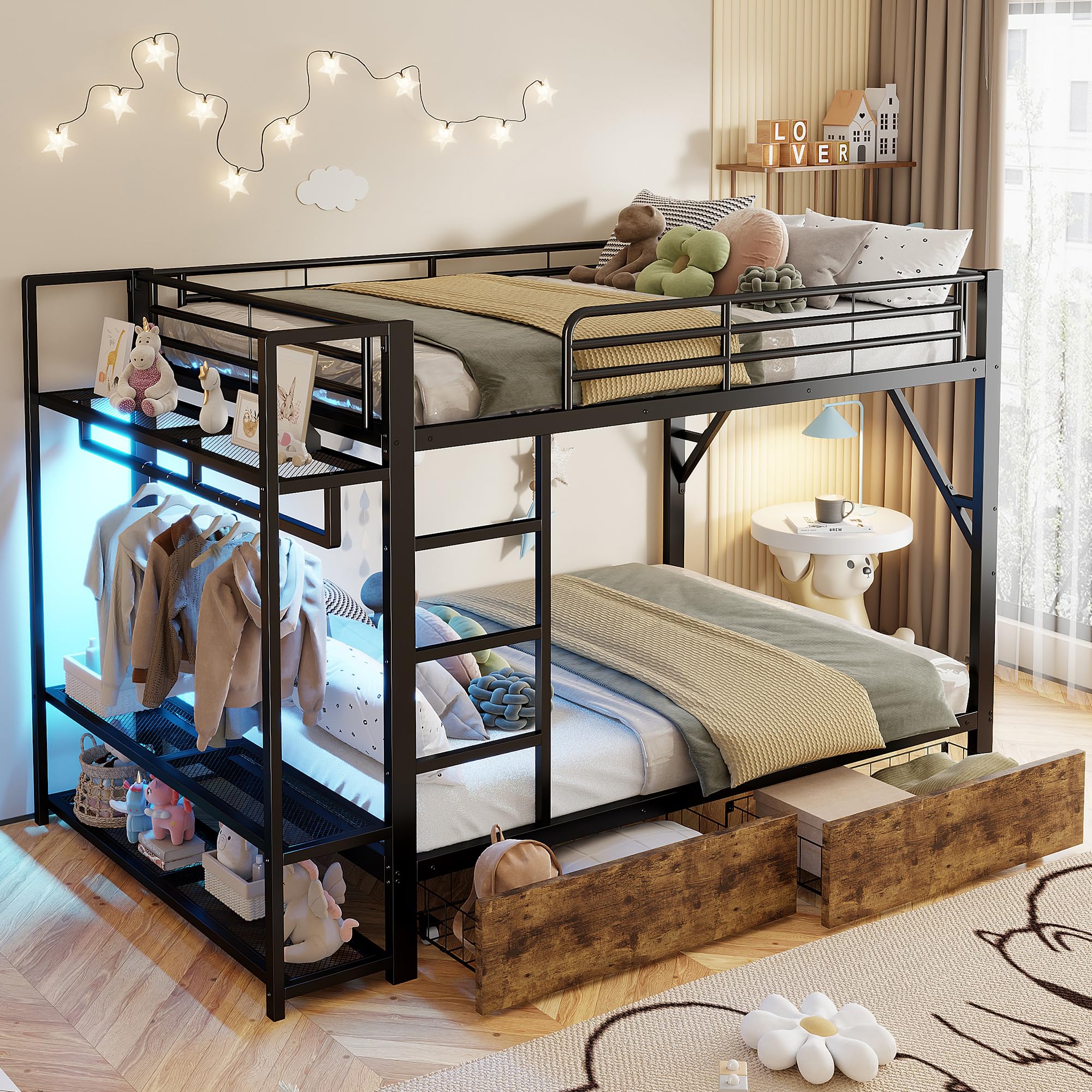 Letto a castello, 140 x 200 cm, telaio in ferro, 2 cassetti, ripiani multipli, con asta, materasso non incluso (nero)