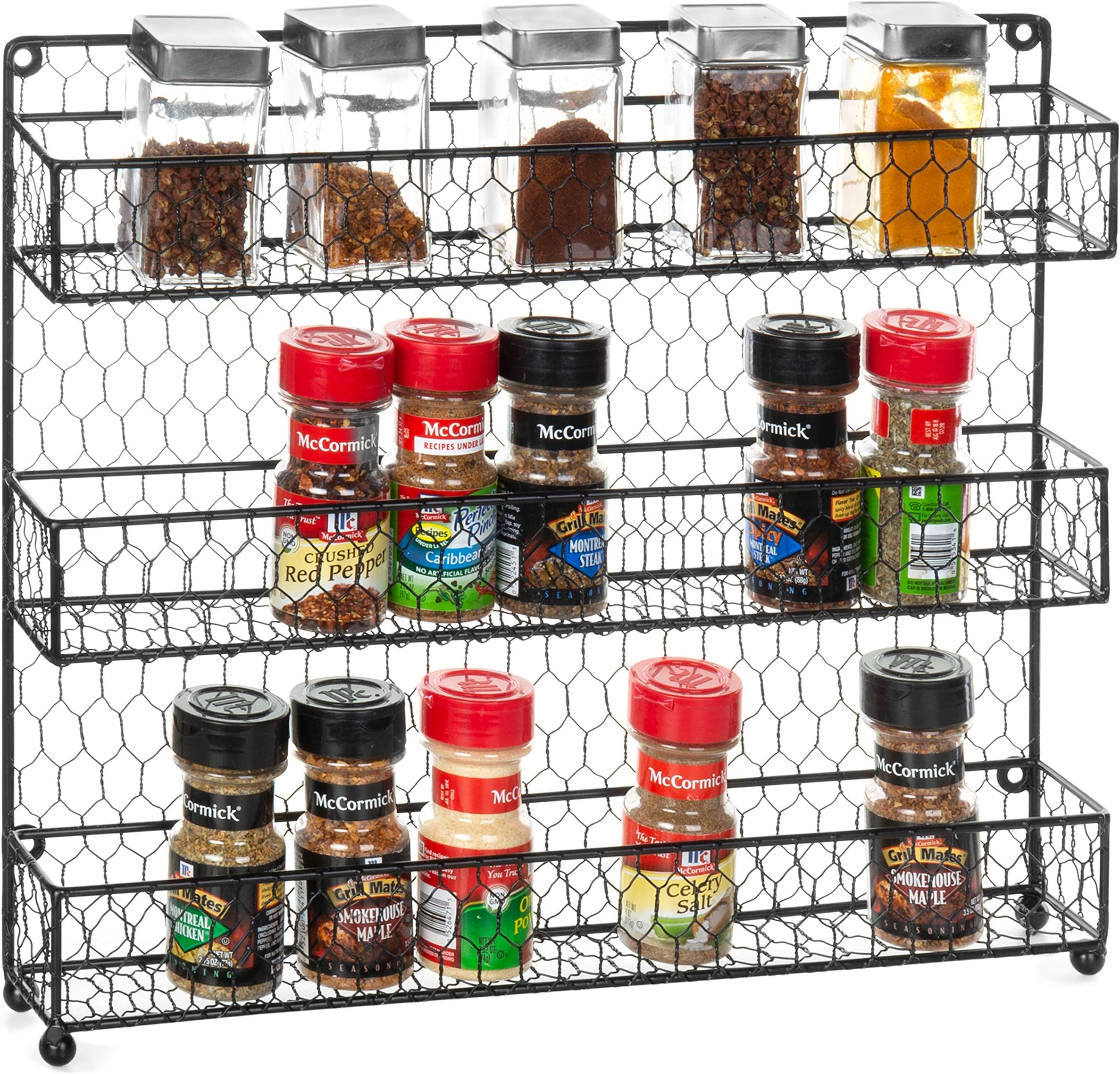 Amazon.com: MyGift Black Metal Chicken Wire Wall Mounted Spice Rack ...