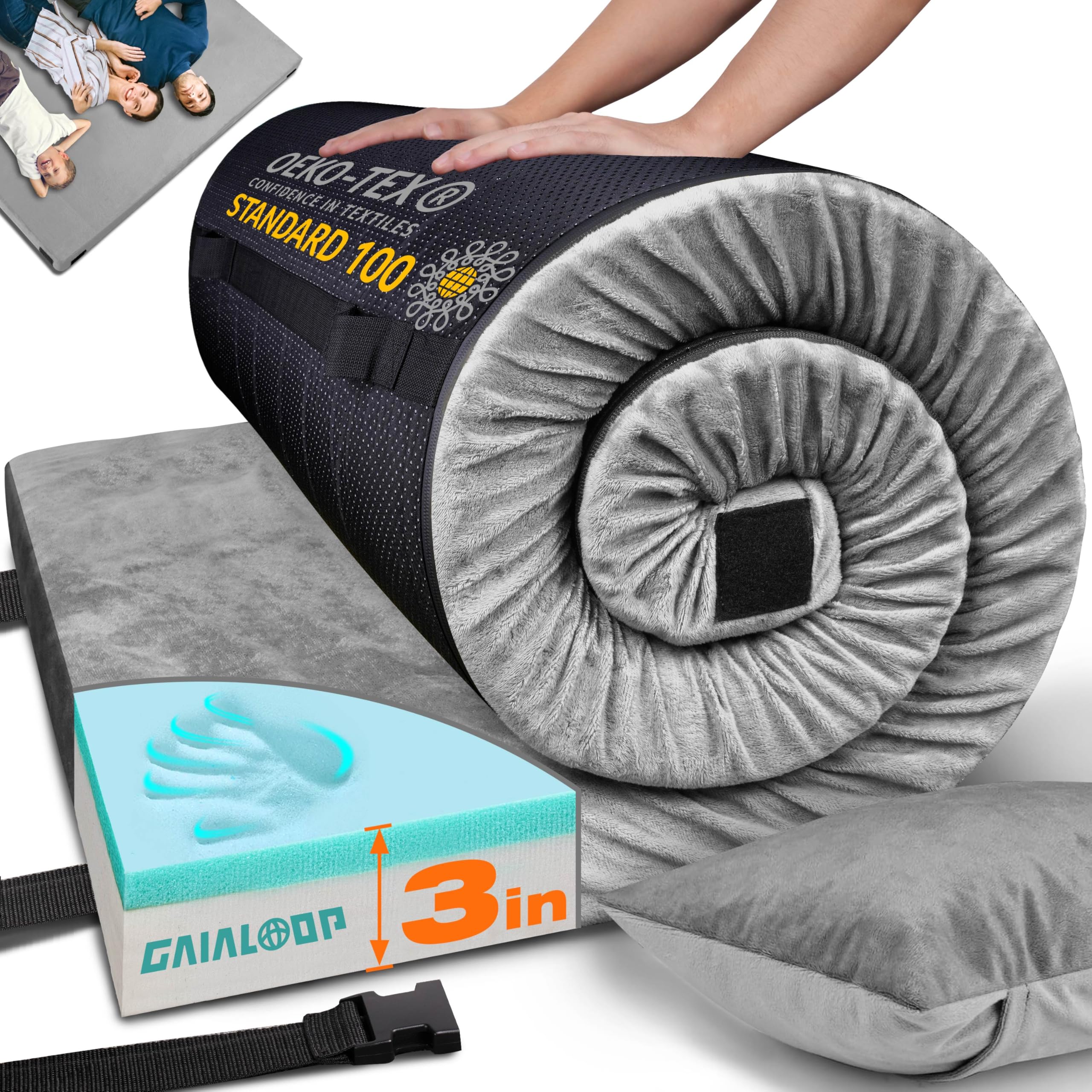 gaialoop 3 inch memory foam camping mattress, dual layer thick sleeping camp pad for car tent cot, roll-up portable glamping floor bed for guests sleepover