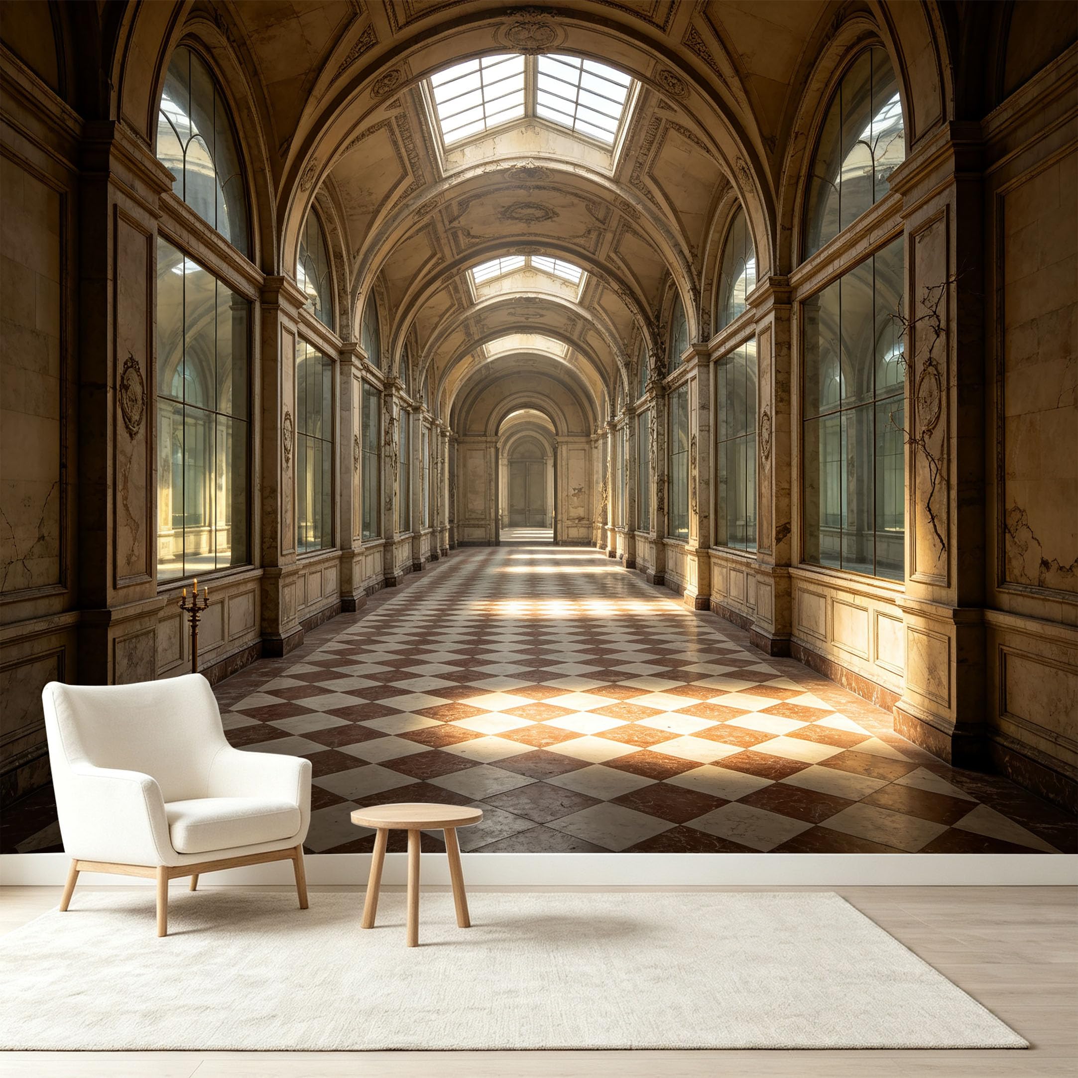 Custom Size Wall Murals Neoclassical Corridor Archway Marble Pillar Checkered Floor 3D Perspective Self-Adhesive Wall Fabric Removable Wallpaper Wall Decor for Living Room Bedroom Bathroom