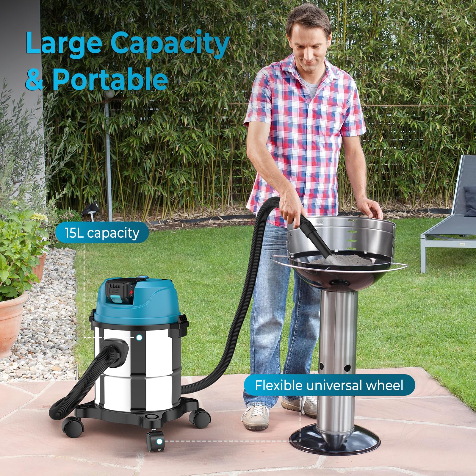 Aspirapolvere umido e secco per batteria Makita 18V, aspirapolvere industriale 3 in 1 con bocchetta per fessure, bocchetta per imbottiture, bocchetta per pavimento, contenitore in acciaio inossidabile