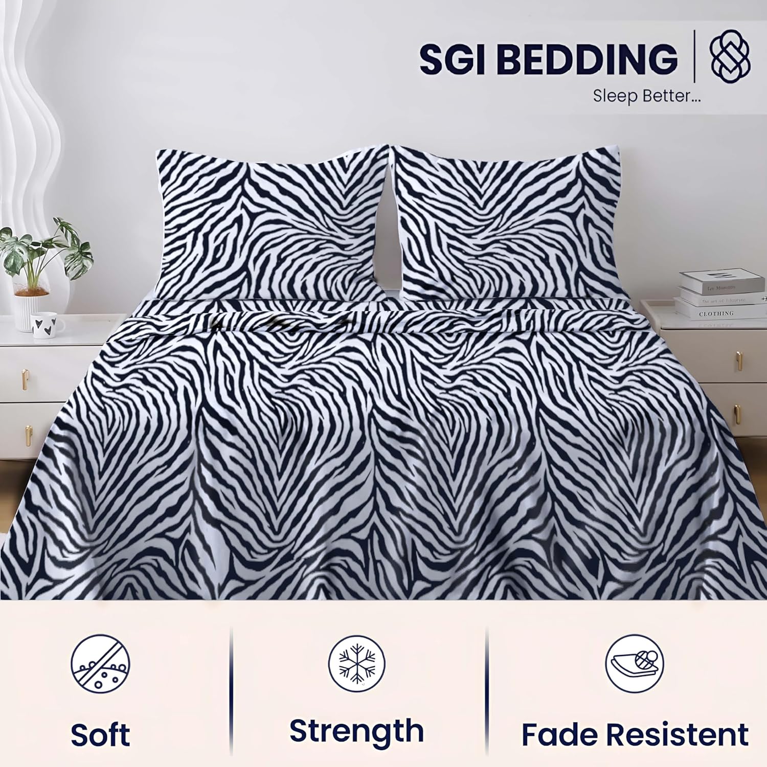 SGI bedding 100% Egyptian Cotton Sheets Queen Size – 600 Thread Count Sheets Set, Soft, Cooling, 16" Deep Pocket, Luxury Hotel Bedding, Breathable, Durable - Zebra Print