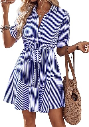 MASCOMODA Womens Striped Mini Summer Dress Button Work Dresses | Pockets, Elastic High Waist, Flowy A Line Dresses, Tiered Short Sleeve Shirt Dress, Collared Neck, Tie Front, Office Casual