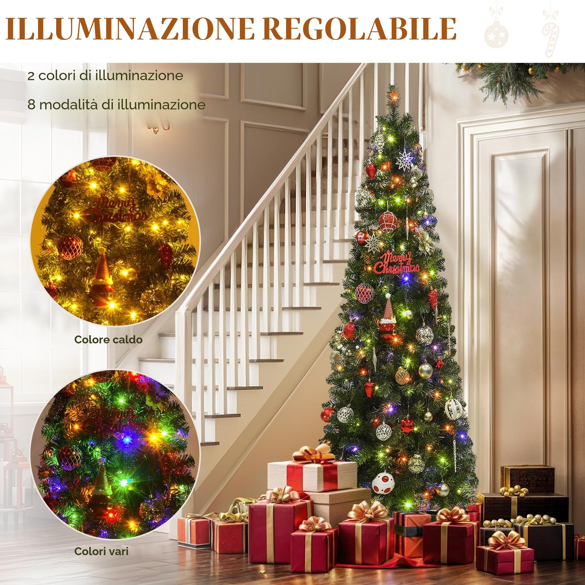 YITAHOME Albero di Natale Artificiale Sottile 182 cm con 200 Luci LED, ca. 700 Punte, Albero di Natale Realistico con Telaio Pieghevole & Supporto in Metallo, 182 x Φ65 cm