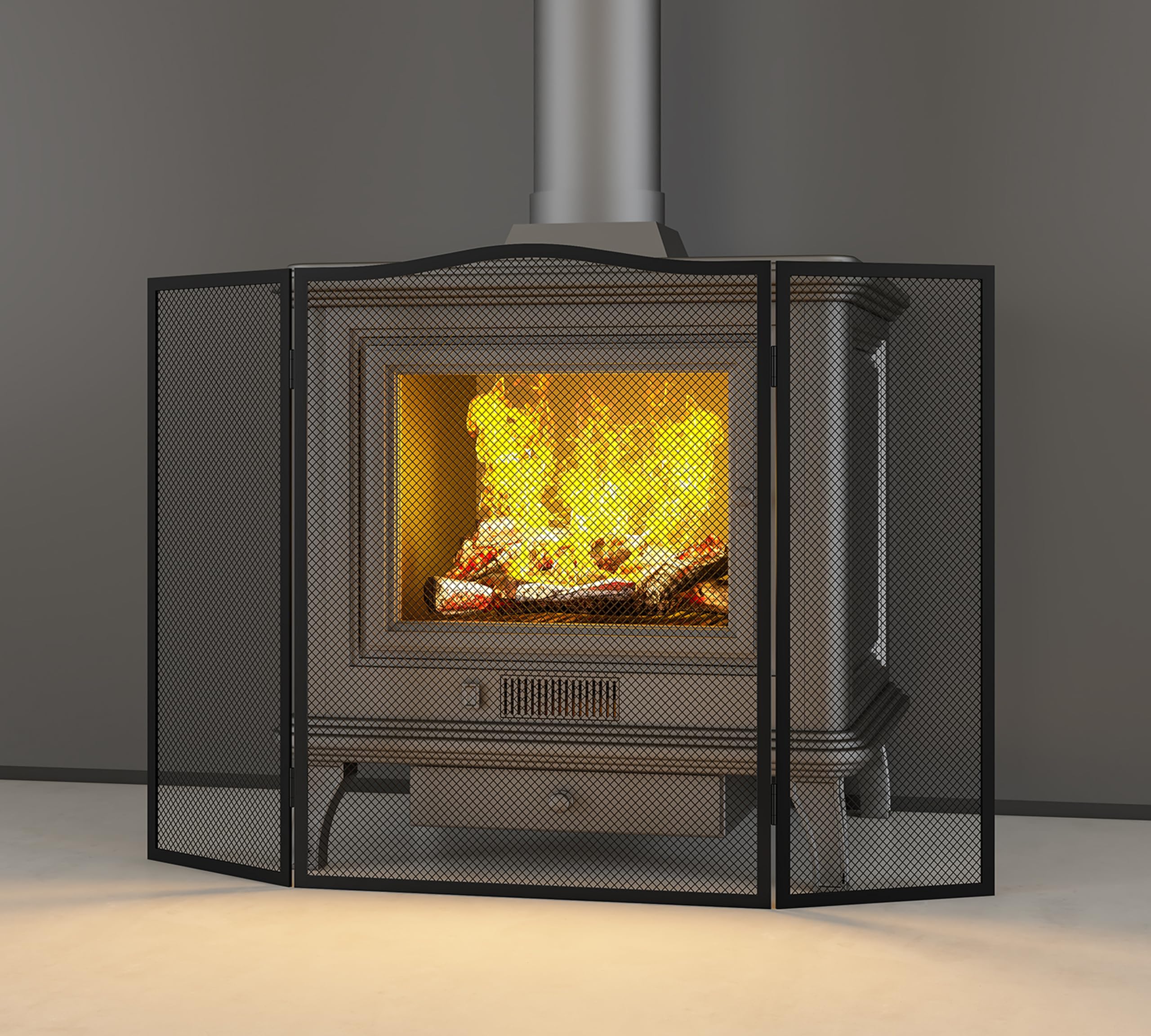 Pare-étincelles 3 panneaux écran plat fer arche supérieure 96,5 cm x 61 cm maille robuste cheminée ouverte revêtement poudre noire