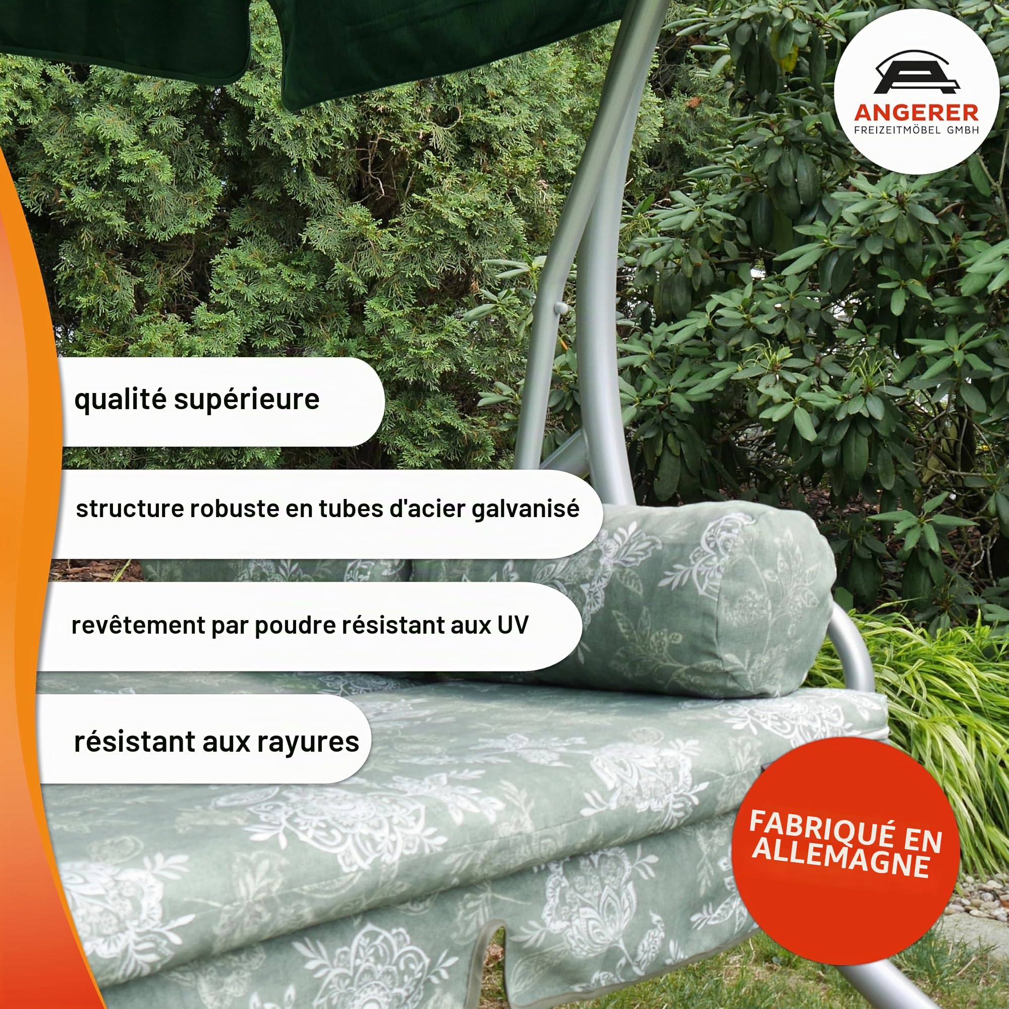 Angerer Balancelle de Jardin Trend, 3 Places Convertible en Lit, Acier Galvanisé, Toit Ajustable, Coussins Lavables, Capacité 270 kg, Fabriqué en Allemagne (Vert uni)