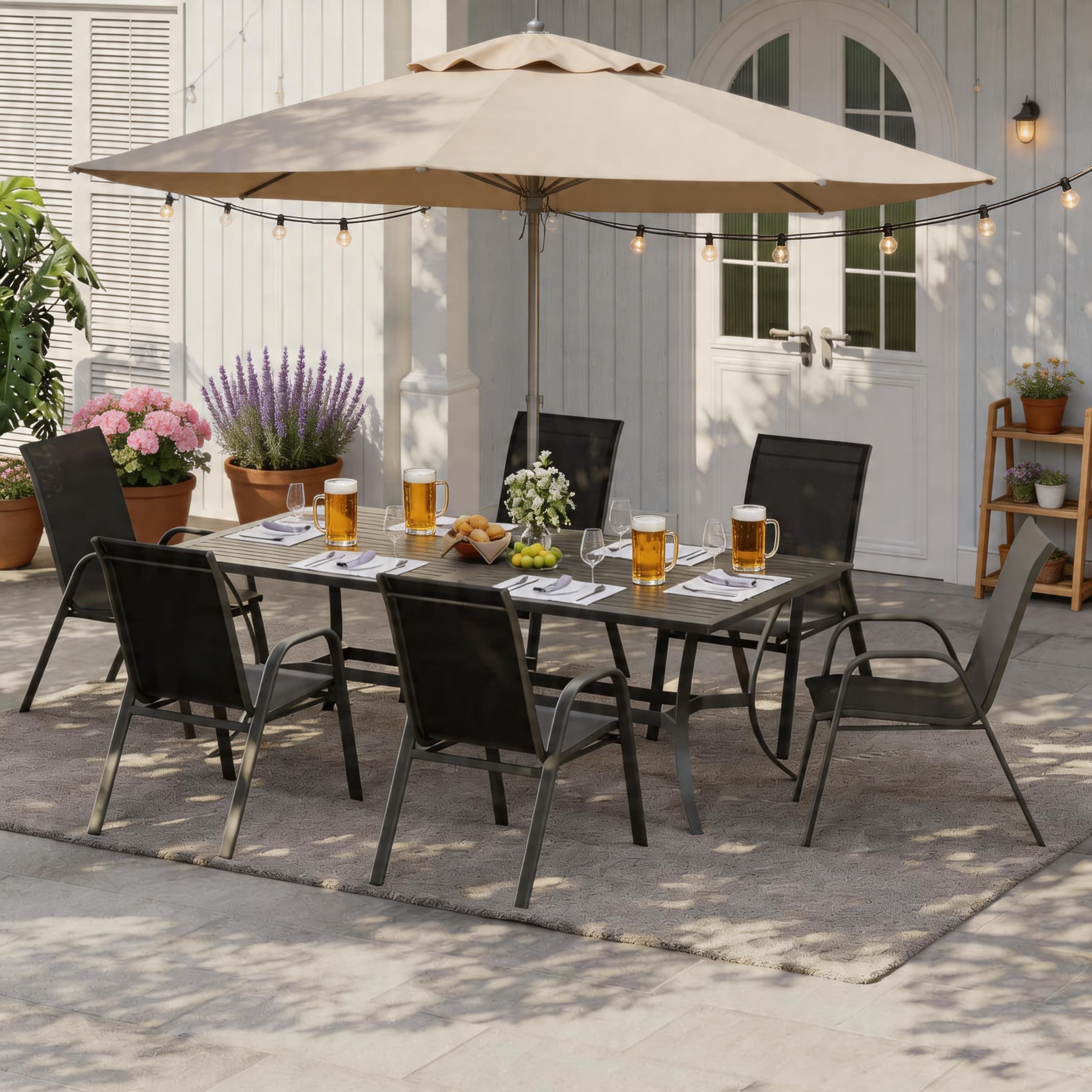 4er Set Stapelbare Gartenstühle, Komfortable Outdoor Hochlehner Aus Metall Mit Atmungsaktivem Textilene, Wetterfest, Rostbeständig, Mit Polsterung Ideal Für Terrasse, Balkon & Garten, Schwarz