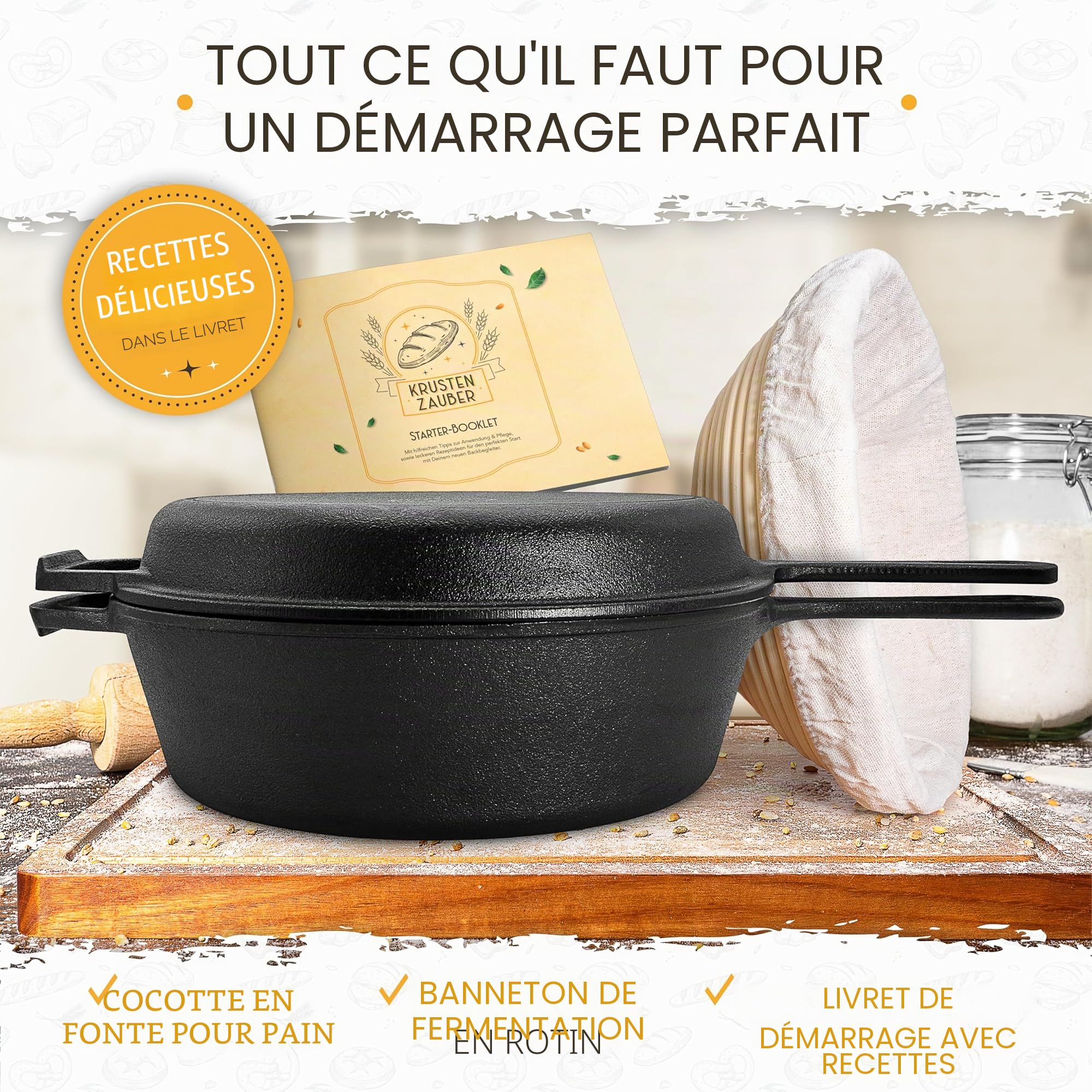 KRUSTENZAUBER Casserole à Pain en Fonte 26 cm avec Panier de Fermentation - Pot Robuste pour Cuisson - Moule Idéal avec Couvercle, Poêle et Accessoires