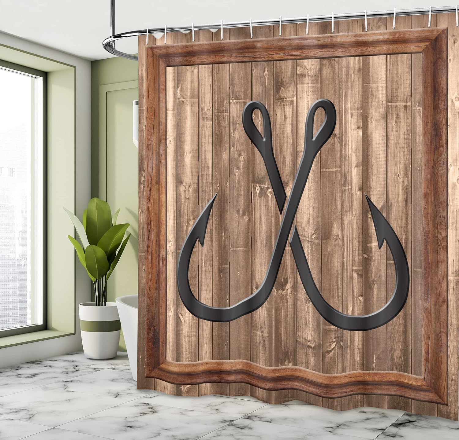 Ambesonne Nautical Shower Curtain, Fishing Lures Anchor Modern Abstract Painting Wooden Frame Rustic, Cloth Fabric Bathroom Decor Set with Hooks, 69" W x 70" L, Sand Brown