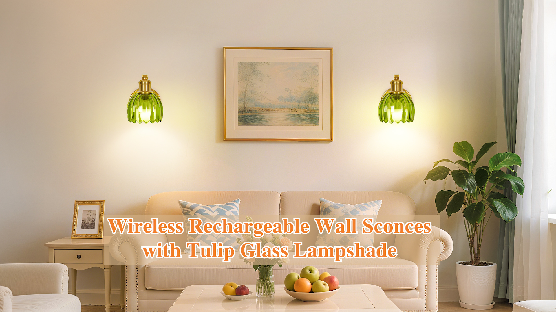 Image of Vintage Rechargeable Battery Operated Wall Sconce Set of Two with Remote | Black Cordless Wall Light with Amber Tulip Glass Lampshade, 15 Colors Dimmable Wireless Wall Lamp for Bedside Hallway Bedroom