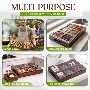 Set7 Wood Serving Tray With Handles And Lid Large Rectangular Breakfast & Ottoman Tray with Raised Edges, Serving Platter Snack Tray, Serving Tray with Food, Drinks, Appetizer Dishes & Dessert Trays