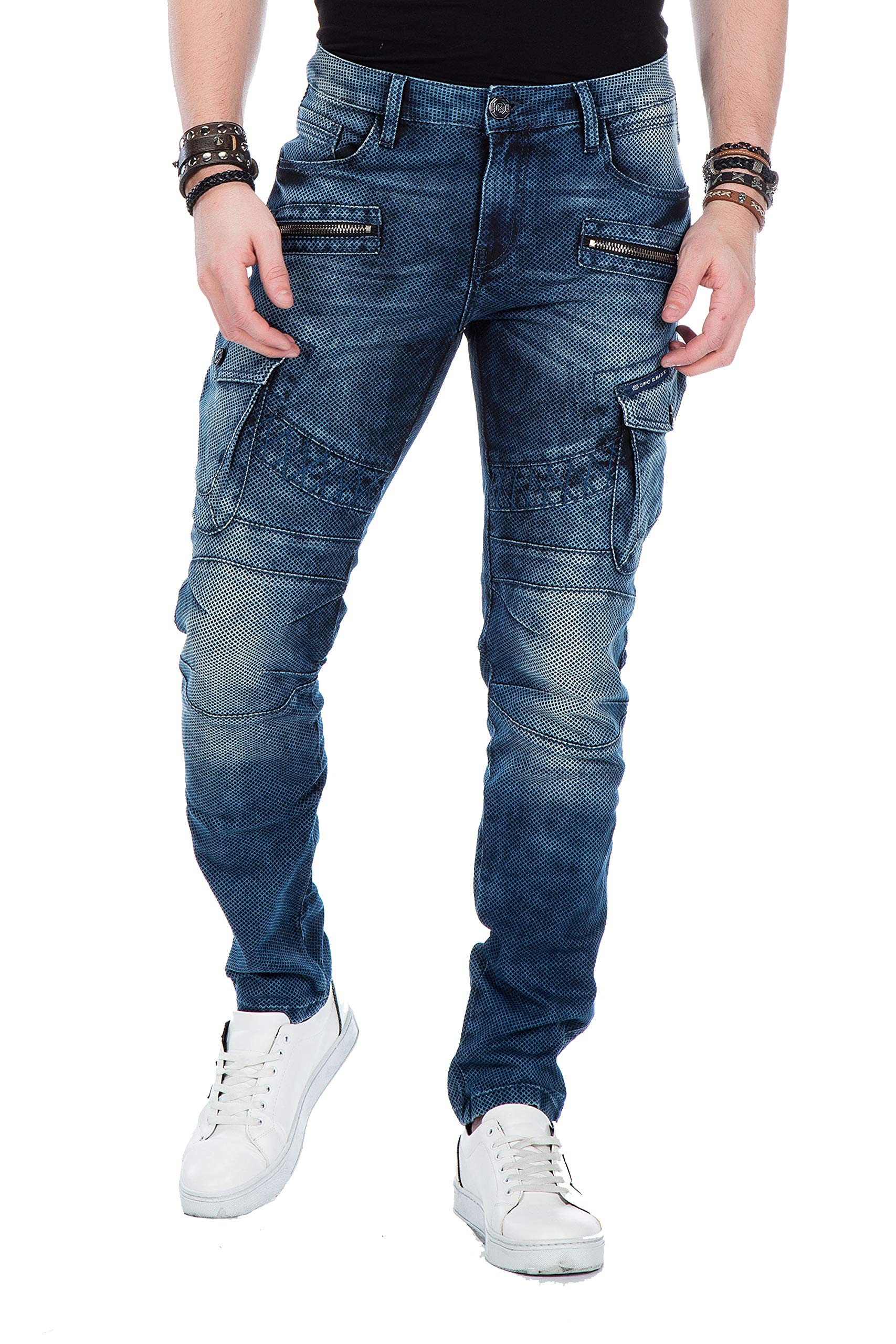 Cipo & Baxx Men's Jeans Biker Cargo Trousers Jeans Skinny Fit Stretch Denim Trousers - Blue - W32