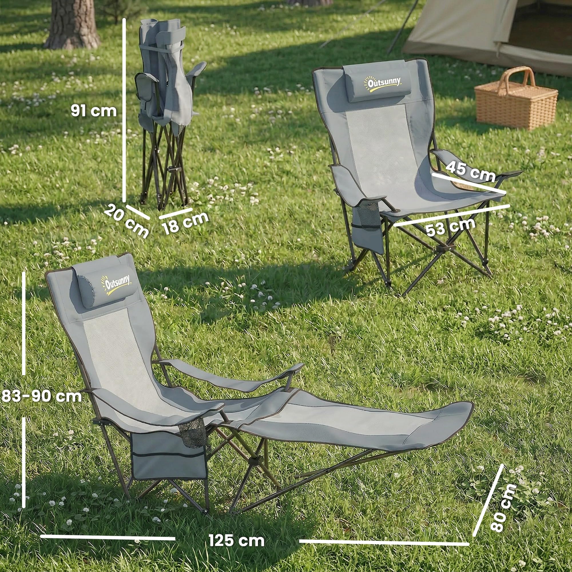 Outsunny Lot de 2 Chaises de Camping Pliantes Inclinables 4 Positions Gris | Repose-Pieds Amovible, Sac de Rangement, Porte-Gobelet, Poche Latérale, Appui-Tête