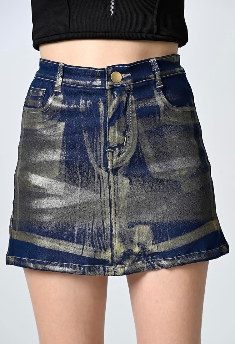 Buy ASROJ Women Regular Fit Foil Denim Gold Short Skirt | Above