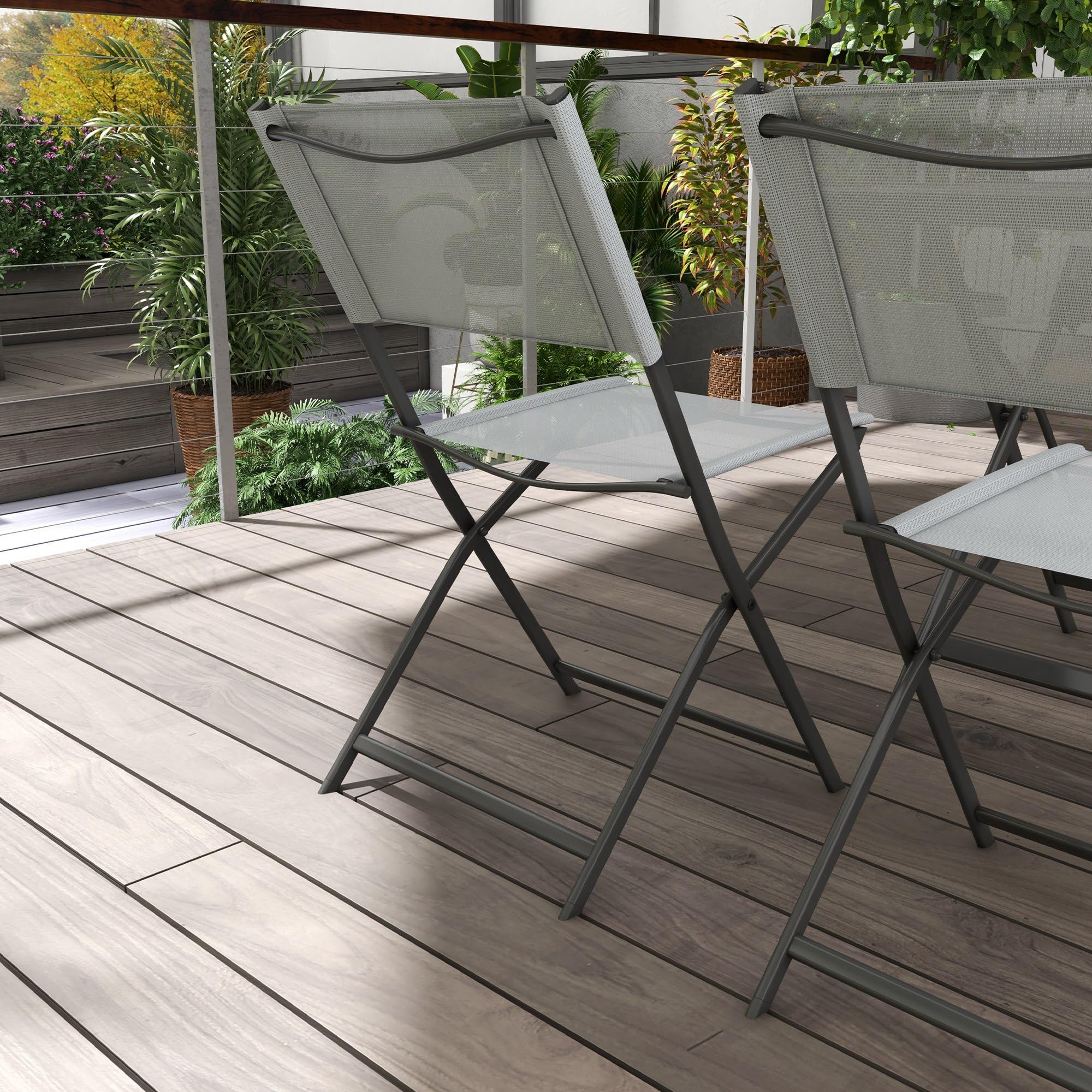 Outsunny Conjunto de Jardín Conjunto de Comedor de Exterior de 5 Piezas Incluye 1 Mesa de Vidrio Templado y 4 Sillas Plegables Estilo Moderno para Terraza Patio Gris