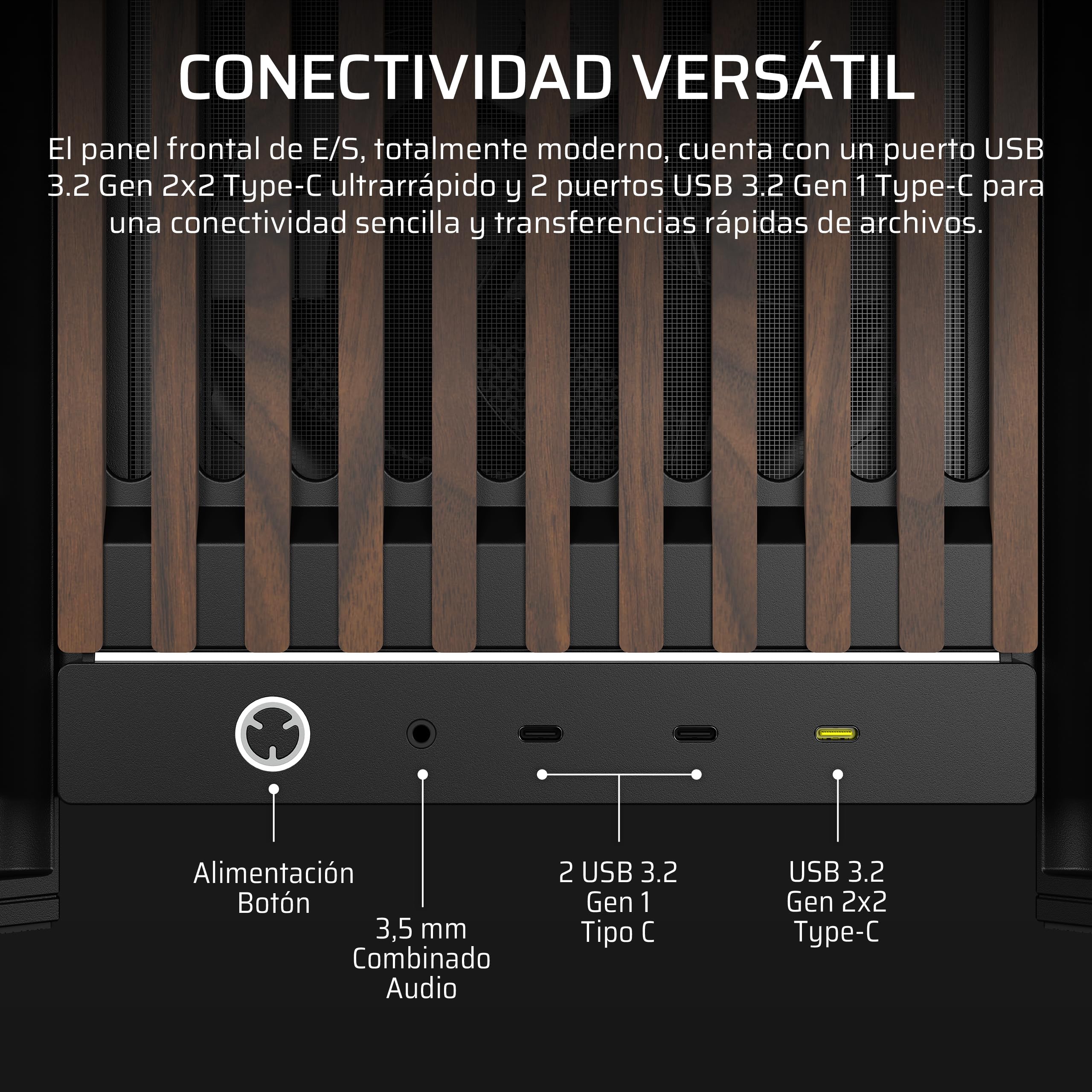 CORSAIR Frame 5000D Wood RS Caja de PC ATX de Semitorre – Negro/Nogal | Panel de Flujo de Aire de Madera Maciza, 3 Ventiladores Preinstalados, Personalización Modular, Brazo Anticaída GPU