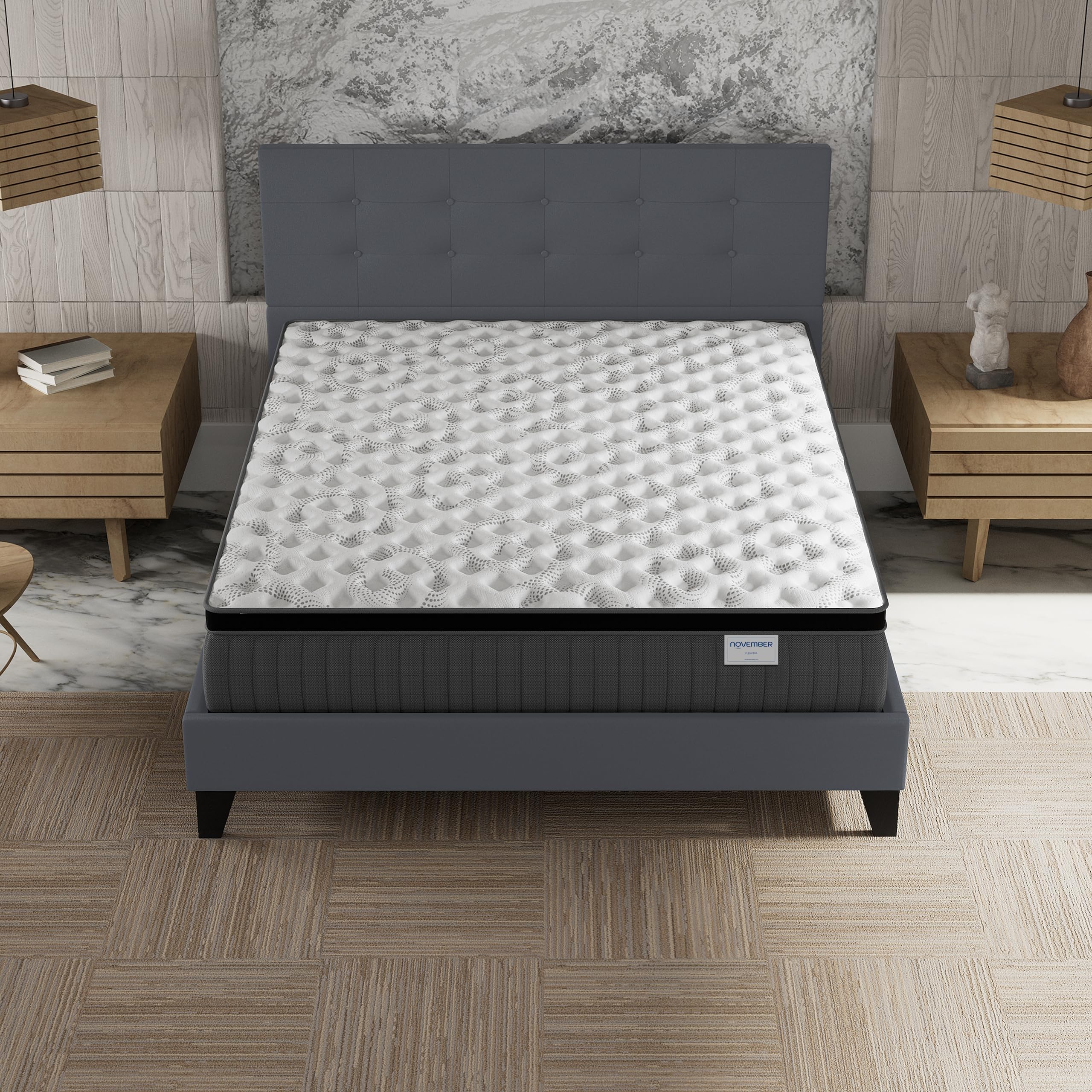 NOVEMBER- Ensemble Matelas + LIT (140x200cm)- Matelas Elekctra Ressorts ensachés & mémoire de Forme Épaisseur 30cm + Sommier Bois Stable & Robuste revêtement synthétique Gris