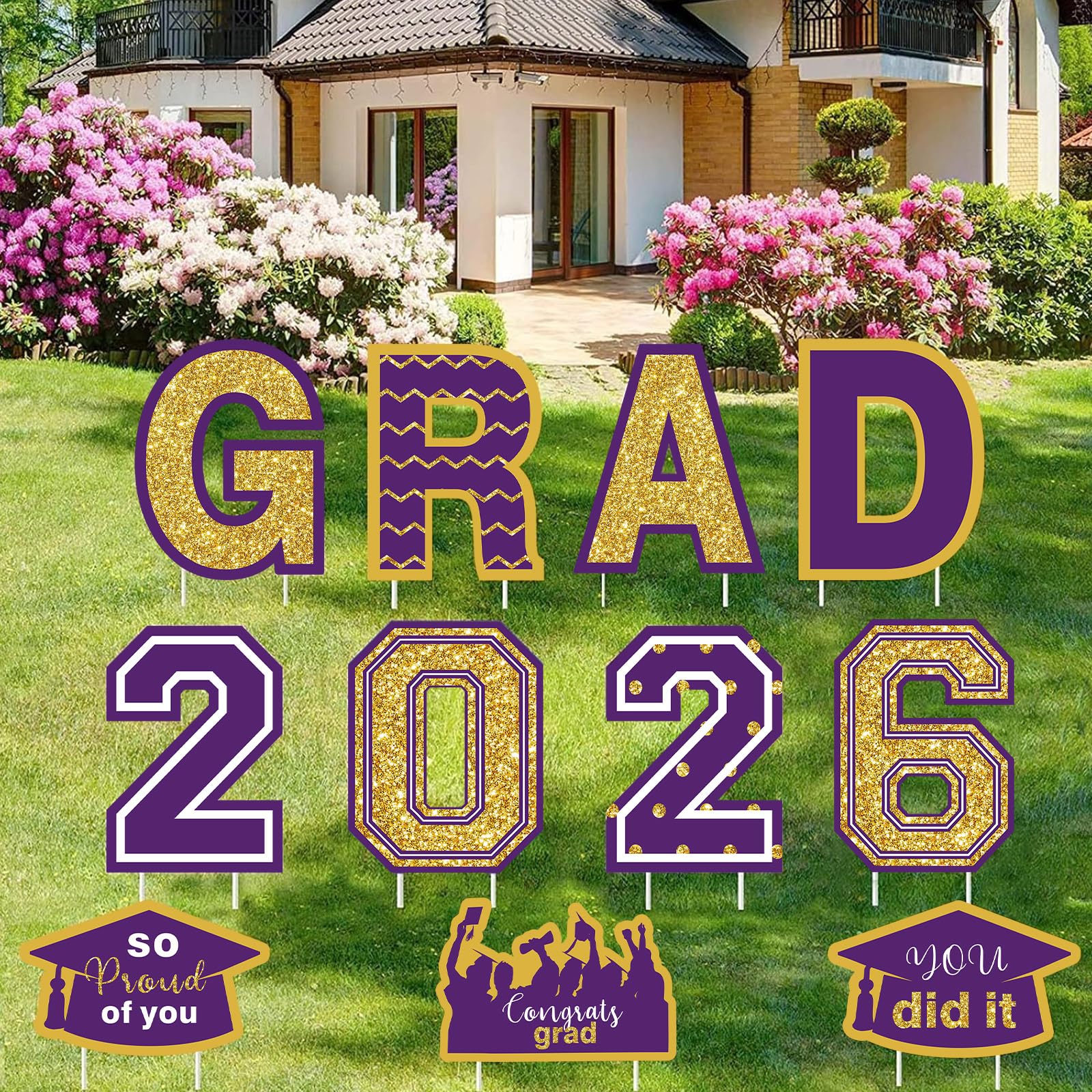 Lot de 11 décorations de diplôme 2022 violet et doré pour extérieur et pelouse