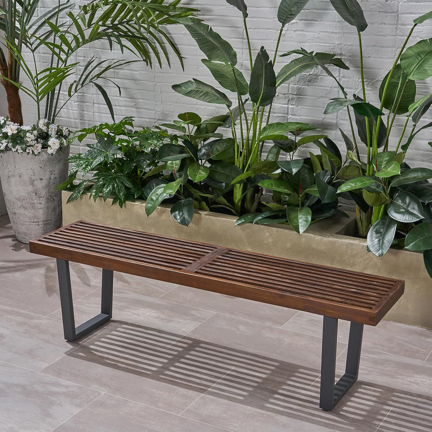 Merax 61.75" Acacia Wood Dining Bench with Iron Legs, Modern Indoor Outdoor Bench for Kitchen Table, Patio, Entryway, Teak and Black