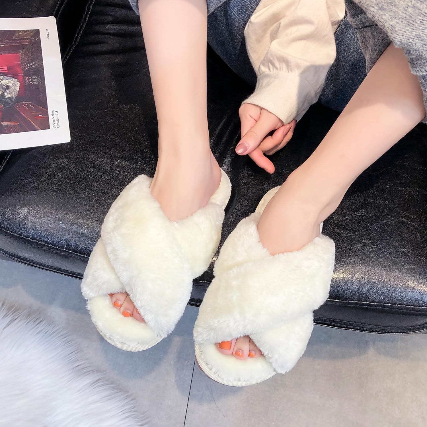 Crazy Lady Women's Fuzzy Fluffy House Slippers Cute Plush Memory Foam Shoes Cross Band Indoor Outdoor Open Toe Sandals - Image 7