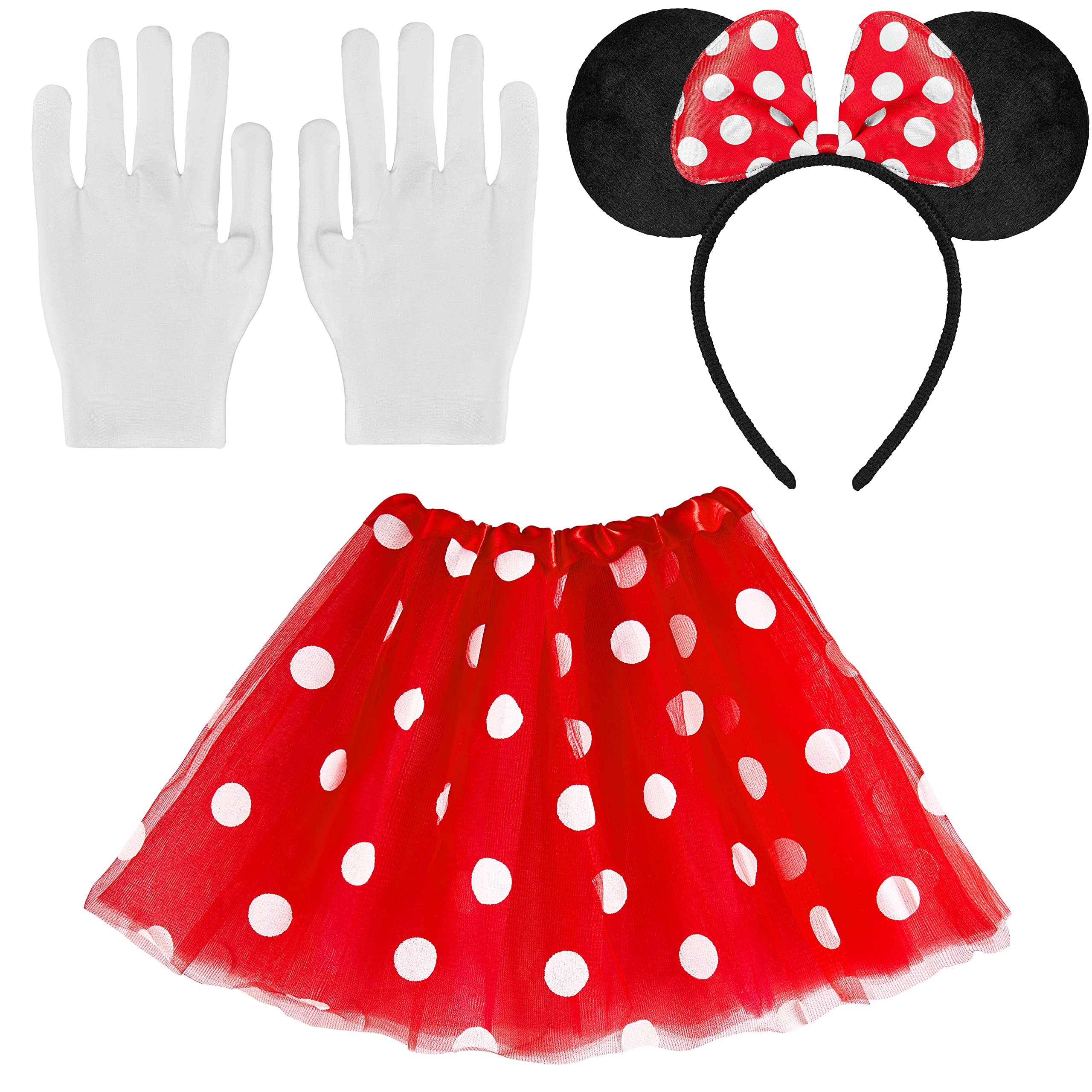 Balinco Disfraz de ratón con falda de tull + cinta para el pelo con lazo rojo y lunares blancos + guantes blancos para niña