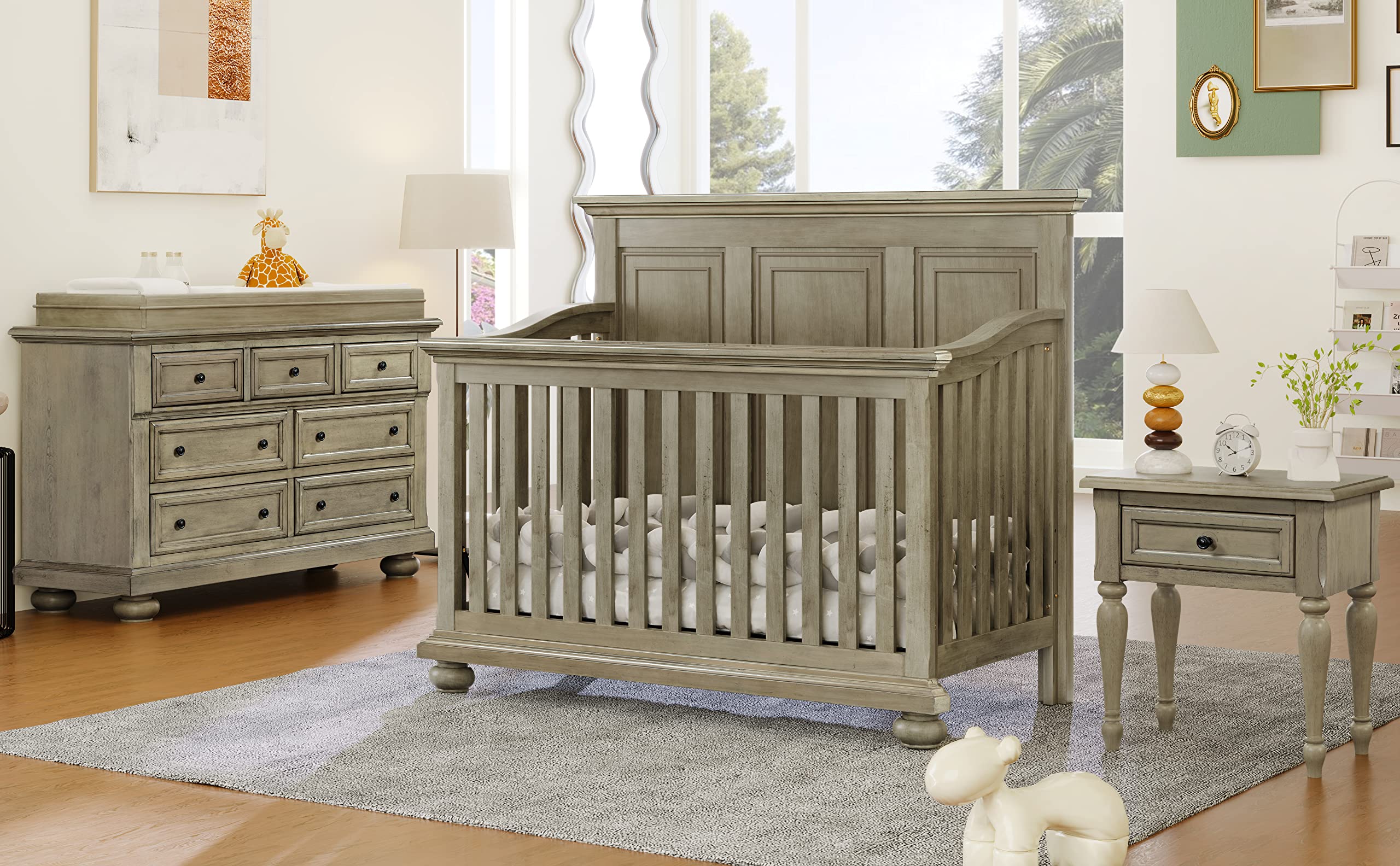 Bellemave 4-Piece Baby Nursery Set Set with Convertible Crib, 7-Drawer  Dresser, Changing Table Topper and A Nightstand, Stone Gray