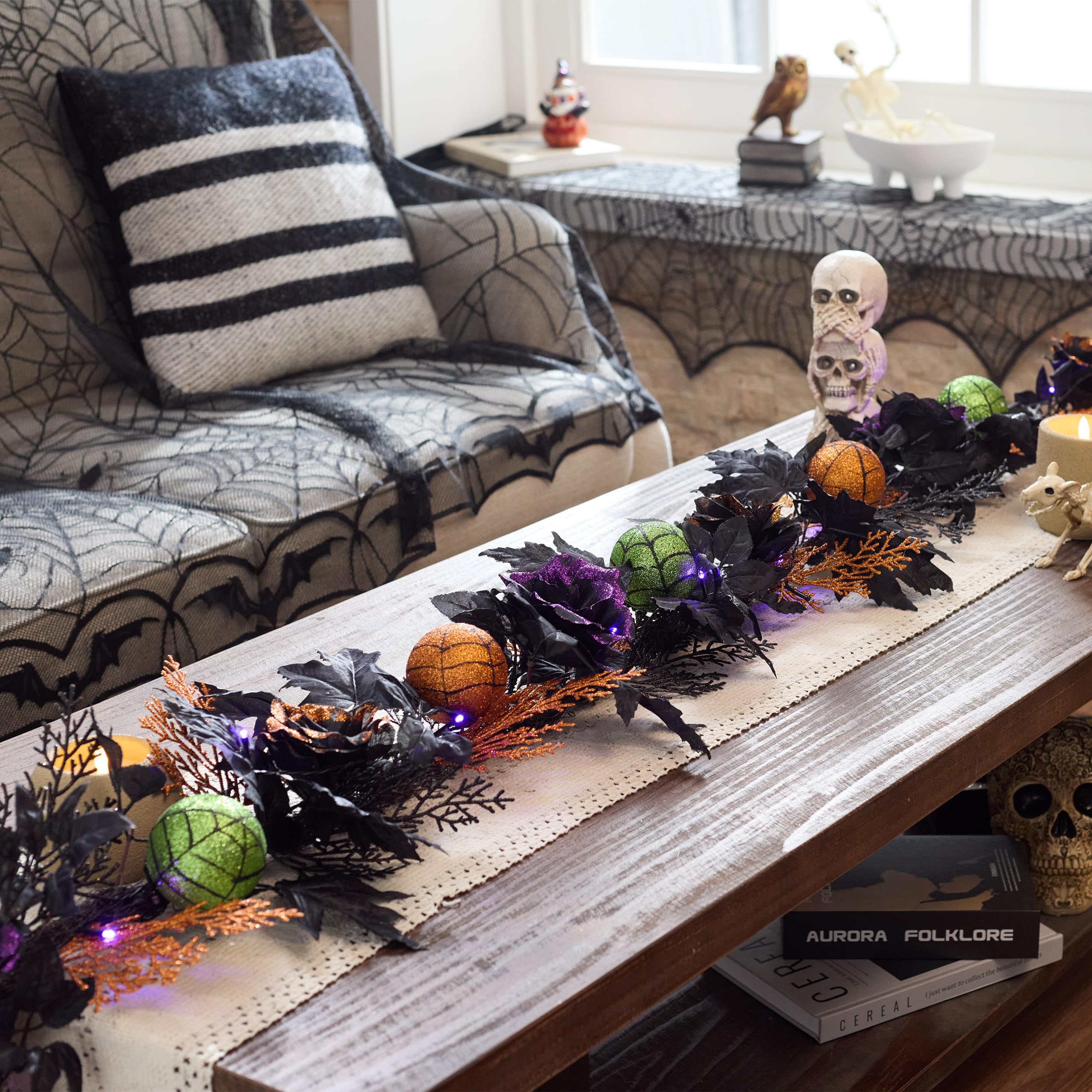 Valery Madelyn Guirlande d'Halloween pré-éclairée de 1,8 m avec boules de roses artificielles, décorations d'Halloween avec lumière LED pour porte d'entrée, décoration de fête d'intérieur d'Halloween