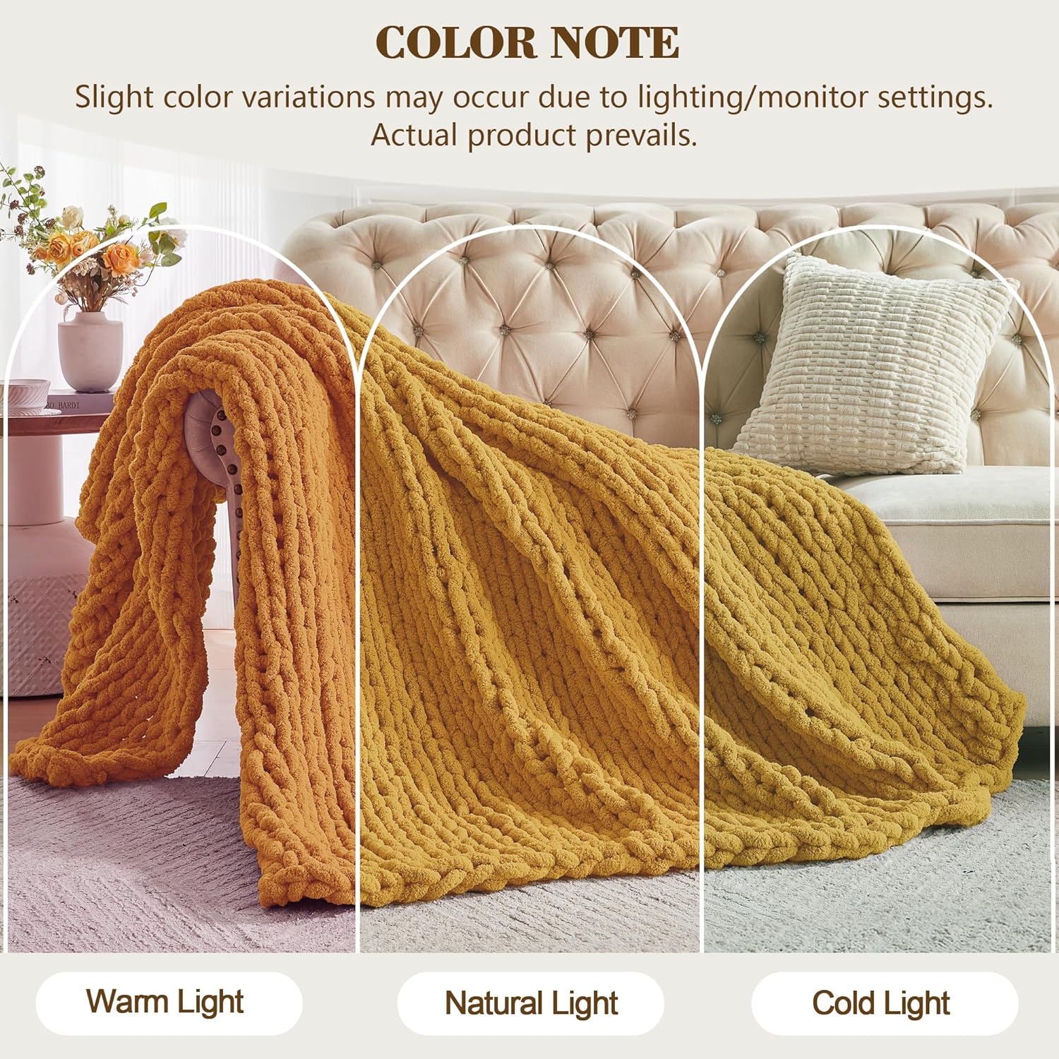Carriediosa Chunky Knit Throw Blanket 50" X 60", 100% Hand Made Large Chenille Loop Yarn Soft Fluffy Throws for Couch Sofa Bed, Big Crochet Cozy Heavy Thick Cable Woven Blanket, Yellow - Image 2