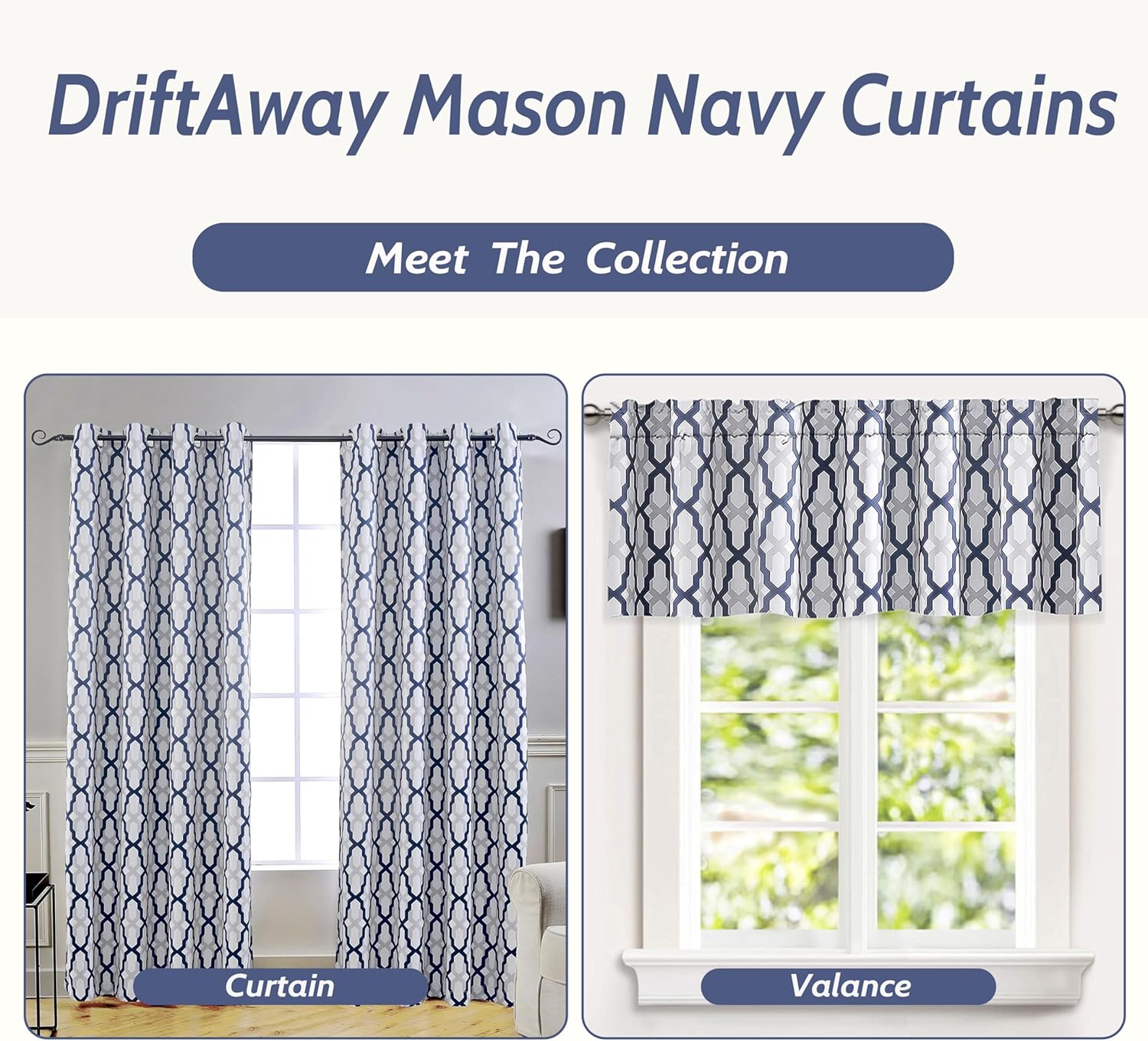 DriftAway Mason Thermal Blackout Grommet Window Curtains Geometric Trellis Pattern 2 Panels Each 52 Inch by 84 Inch Navy