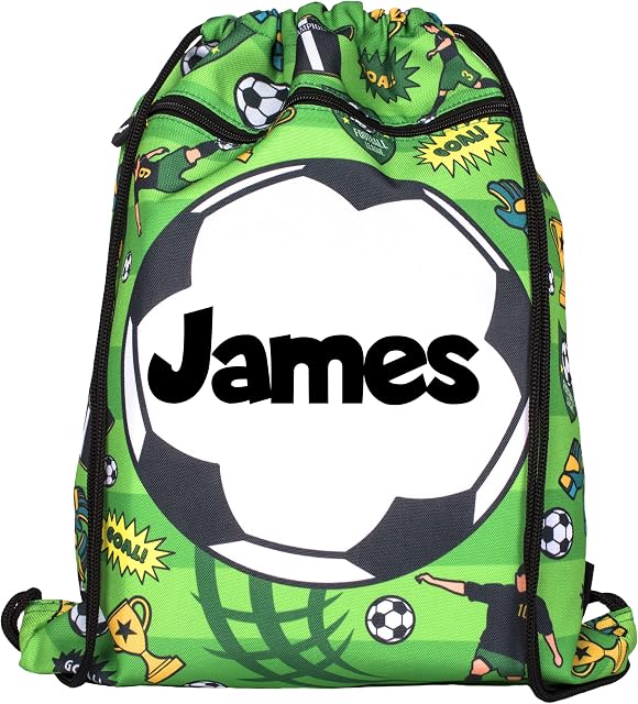 Fringoo Personalised Kids Drawstring Bag with Zipped Pocket PE Bag Swimming Football Gym School Bag for Boys Girls