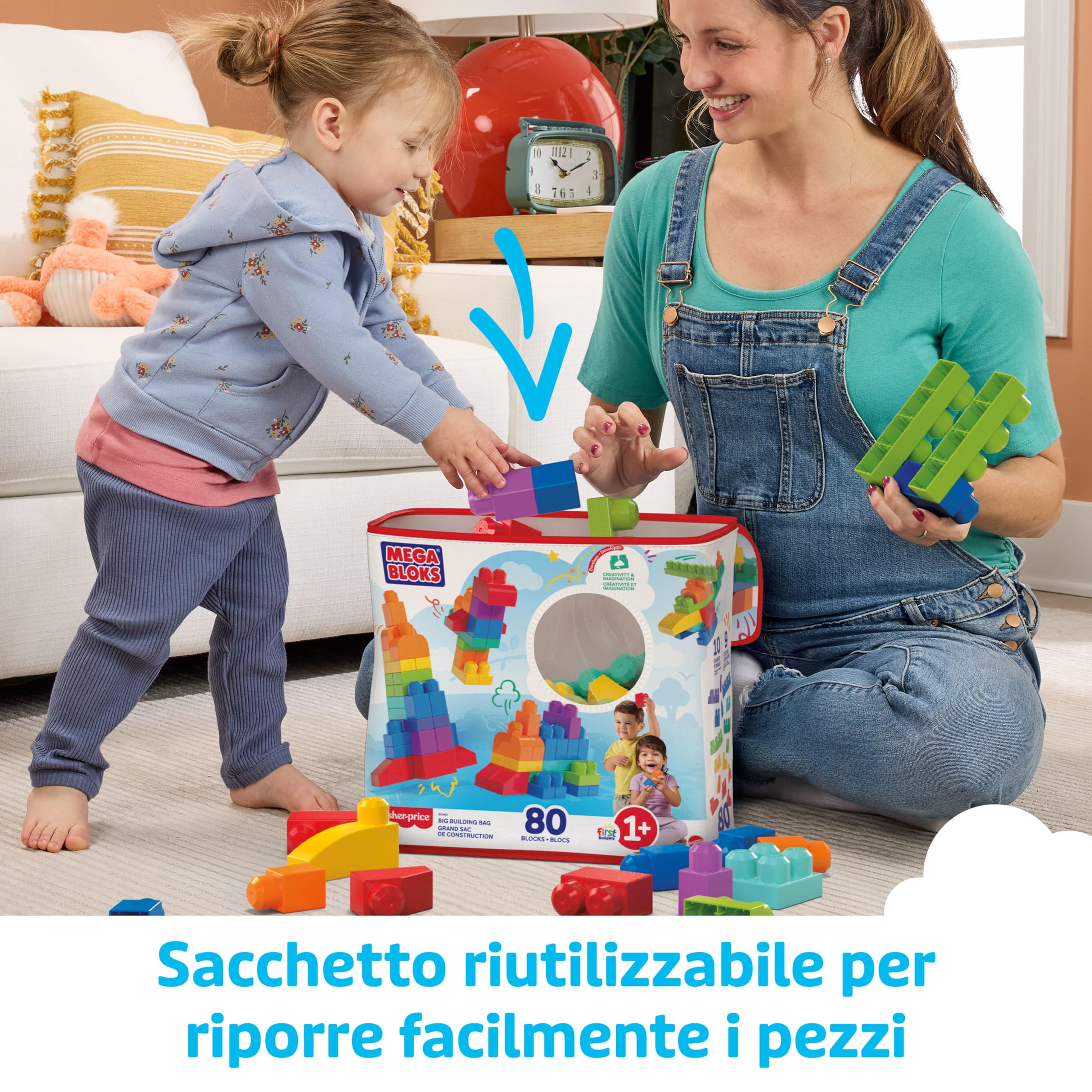 MEGA Bloks-Big Building Bag Sacca Ecologica, 80 Pezzi, Blocchi da Costruzione, Giocattolo per Bambini 1+ Anni, Colore Blu, DCH63
