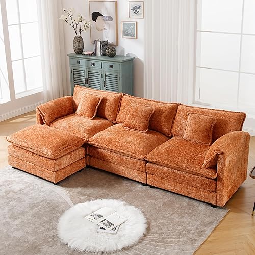 GNIXUU 112" Orange Cloud sectional Couch, Modern Chenille L Shaped Couches for Living Room, Comfy 4 seat Modular Sofa with Moveable Ottoman & Memory Foam
