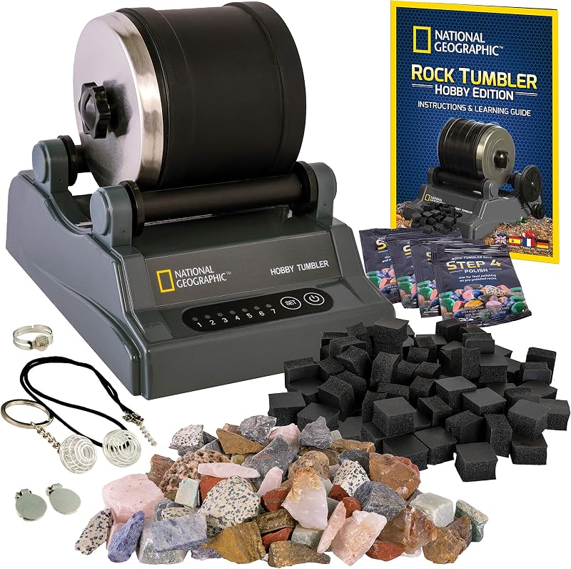 National Geographic Hobby Rock Tumbler Kit for Kids and Adult Beginners | Leak-Proof Barrel, 7-Day Timer, Rough Gemstones, 4-Stage Grit, GemFoam Polish, Jewelry Settings, Geology Hobby