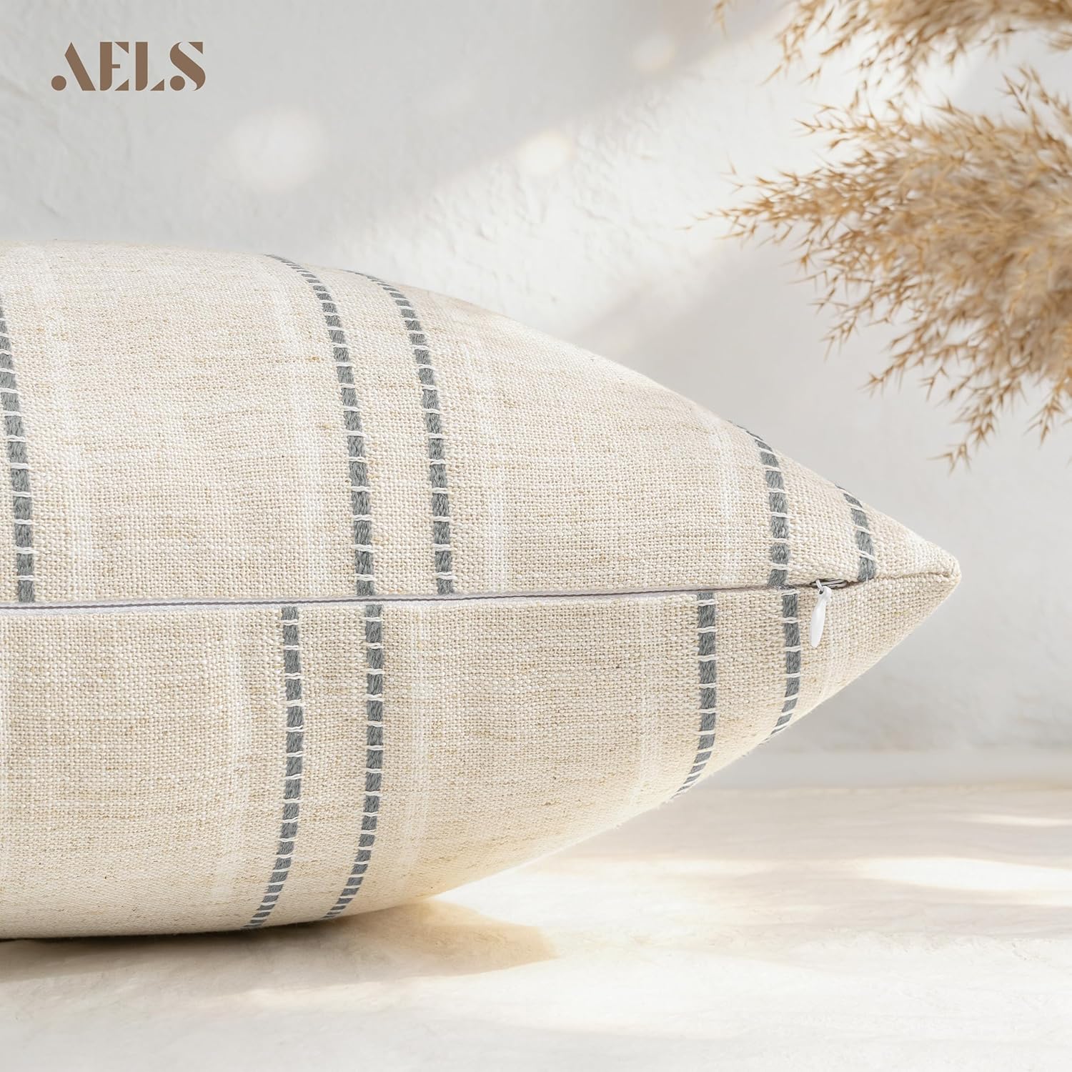 AELS 24x24 Decorative Farmhouse Linen Throw Pillow Covers, Boho Textured Pillow Case, Set of 2, Beige with White & Gray Stitch Yarn Dyed Stripe Cushion Cover for Sofa Couch Living Room (Cover ONLY) - Image 4