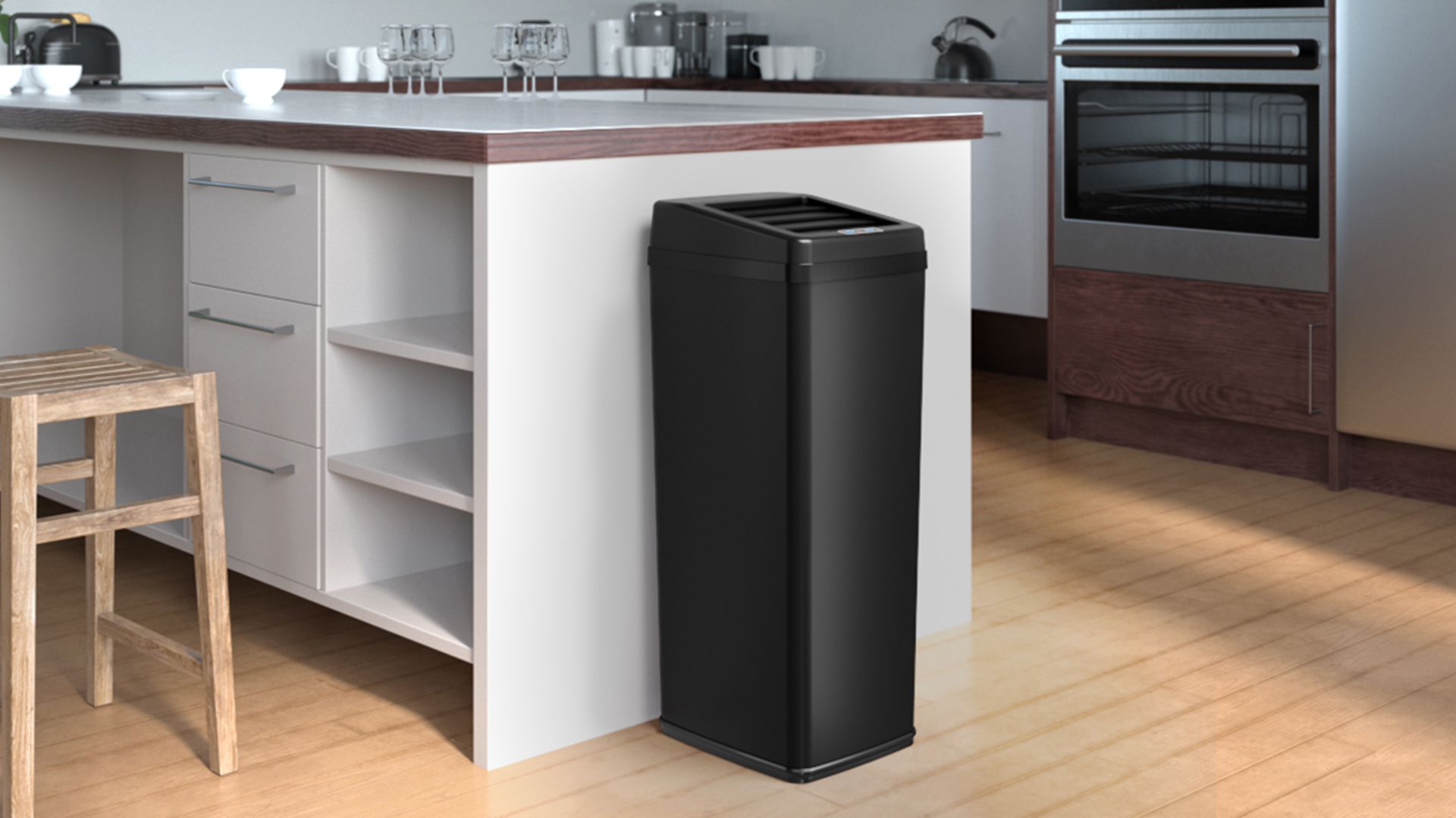 Image of iTouchless 14 Gallon Sliding Lid Automatic Sensor Trash Can with Odor Filter System, 52 Liter Black Steel Touchless Kitchen Garbage Bin, Matte Black