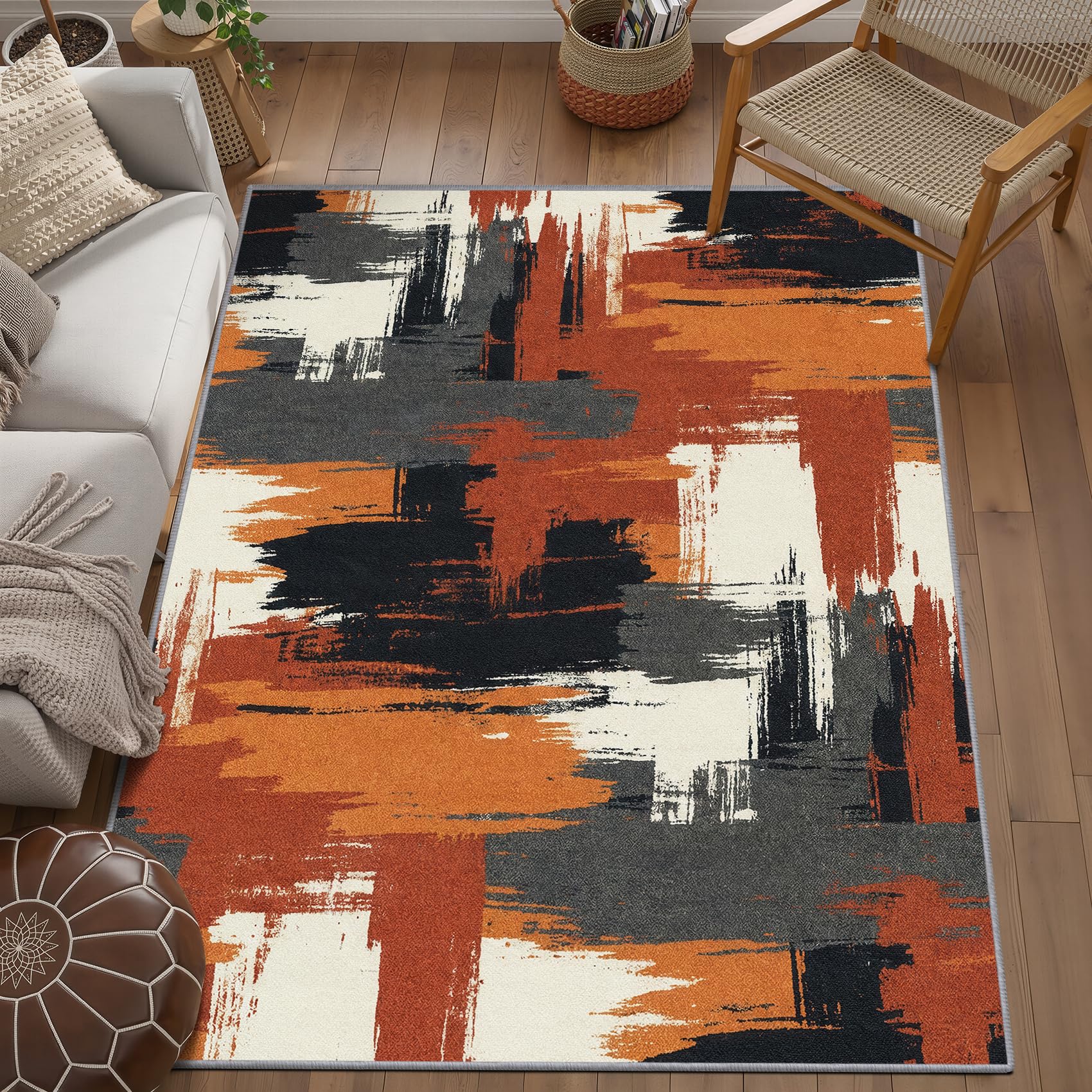Teppich Terrakotta Abstrakt - Teppiche Wohnzimmer Schlafzimmer Beige Orange, Großer Teppich Vintage Graffiti, Weich Kurzflor & Waschbar & rutschfest Wohnzimmerteppich 200x300 cm