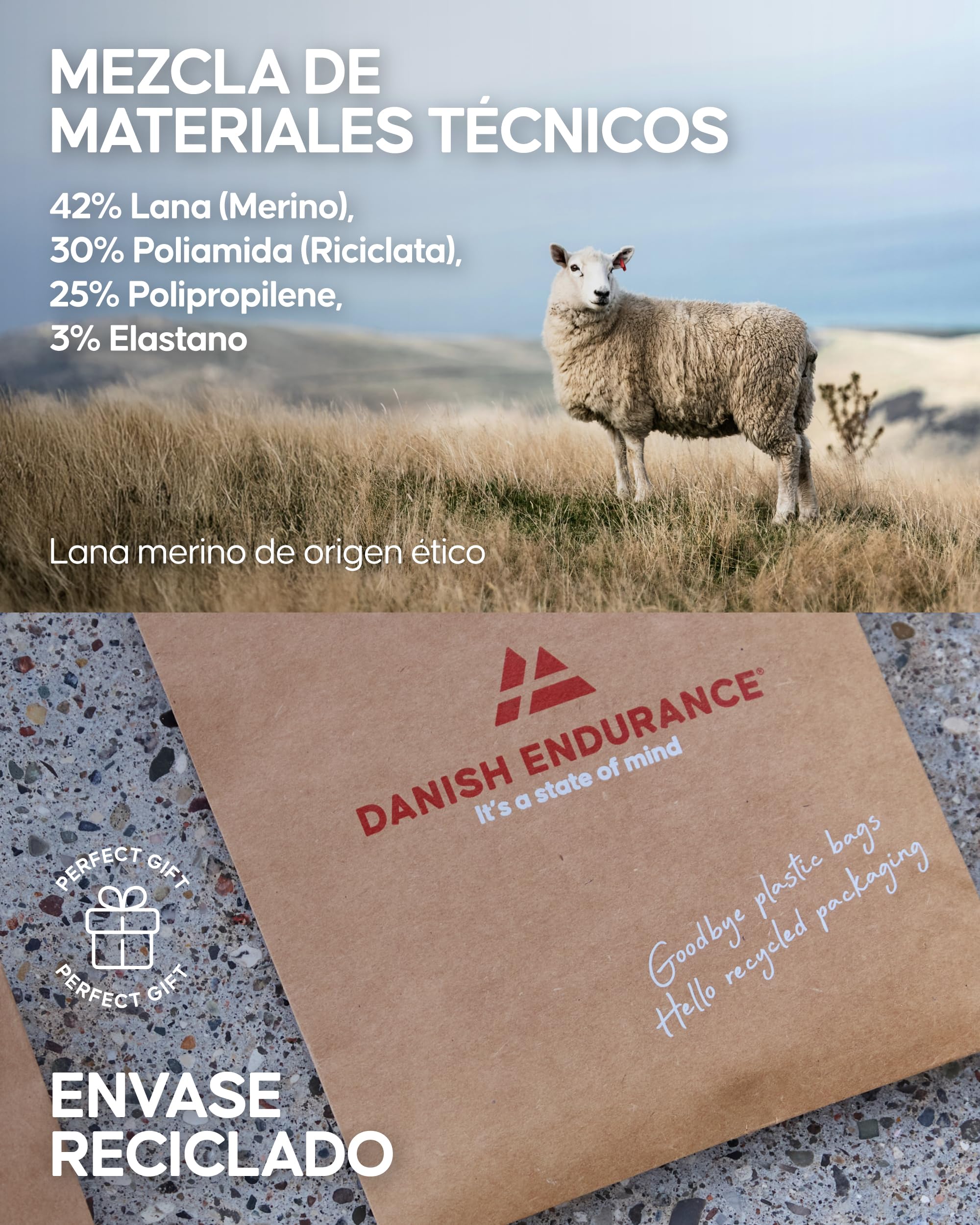 DANISH ENDURANCE Calcetines Esquí Lana Merino, Calcetines Térmicos de Invierno, Hombre y Mujer, Acolchado Ligero y Ajuste Anatómico