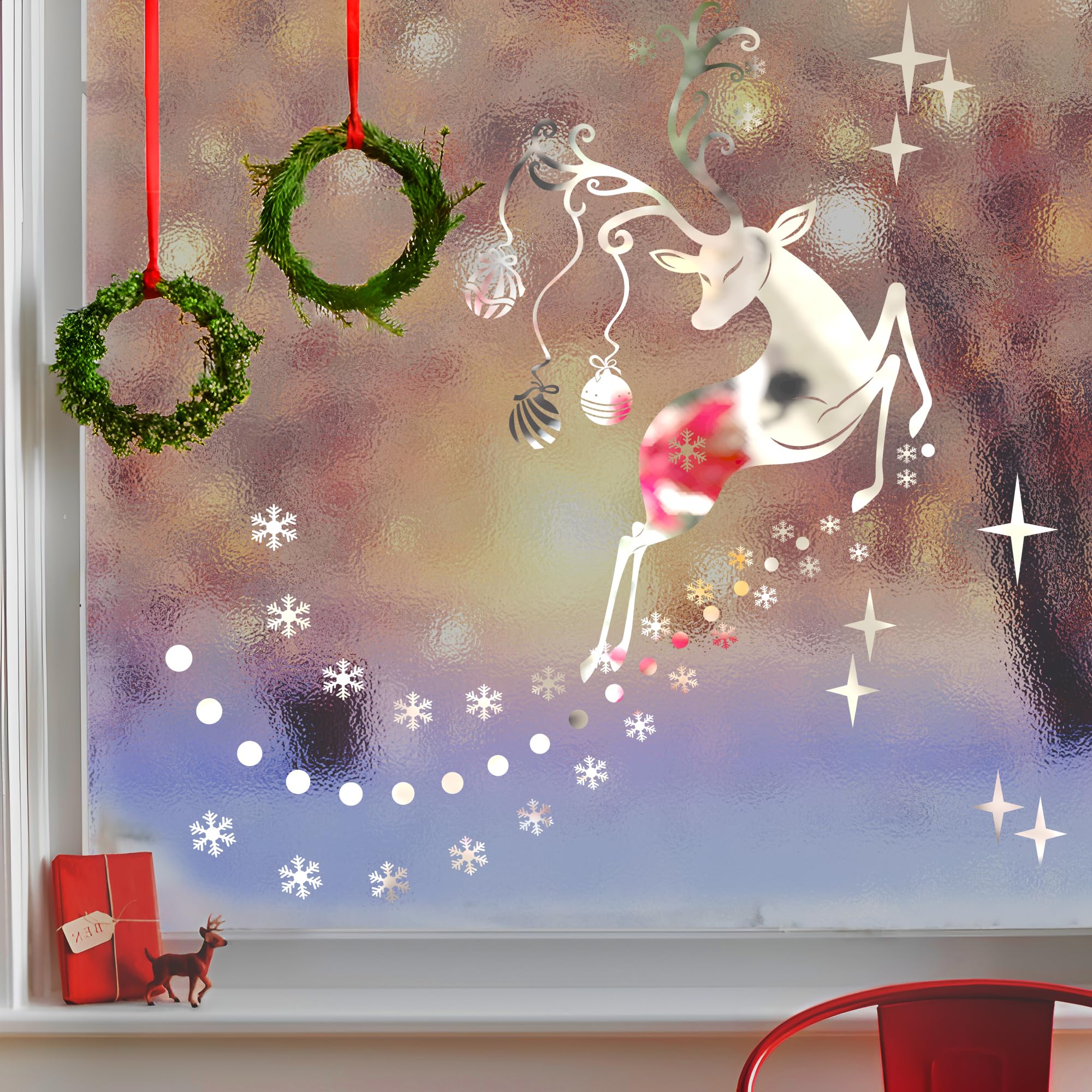 Durable Vinyl Christmas Window Stickers, Double Sided Santa Reindeer Snowflake Decorations, Removable Rudolf Xmas Decals Home, Wall, Office, Shop, Holiday Party Décor, for 1-1.2M Window, Chrome