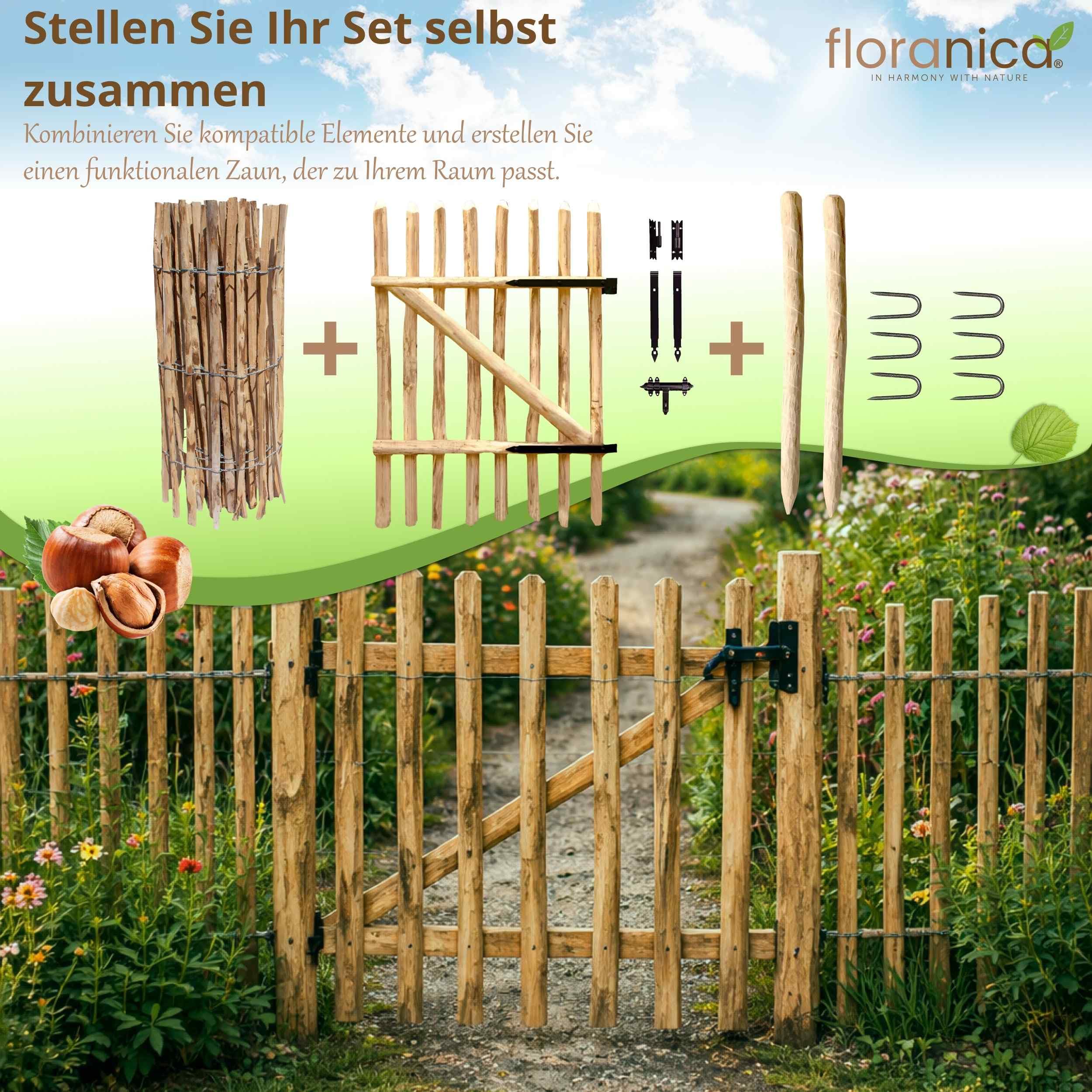 Floranica Zauntor Haselnussholz Gartentor für Staketenzaun Höhe 80 cm x 100 cm 1-flügelig – fertig montiert inkl. Scharniere