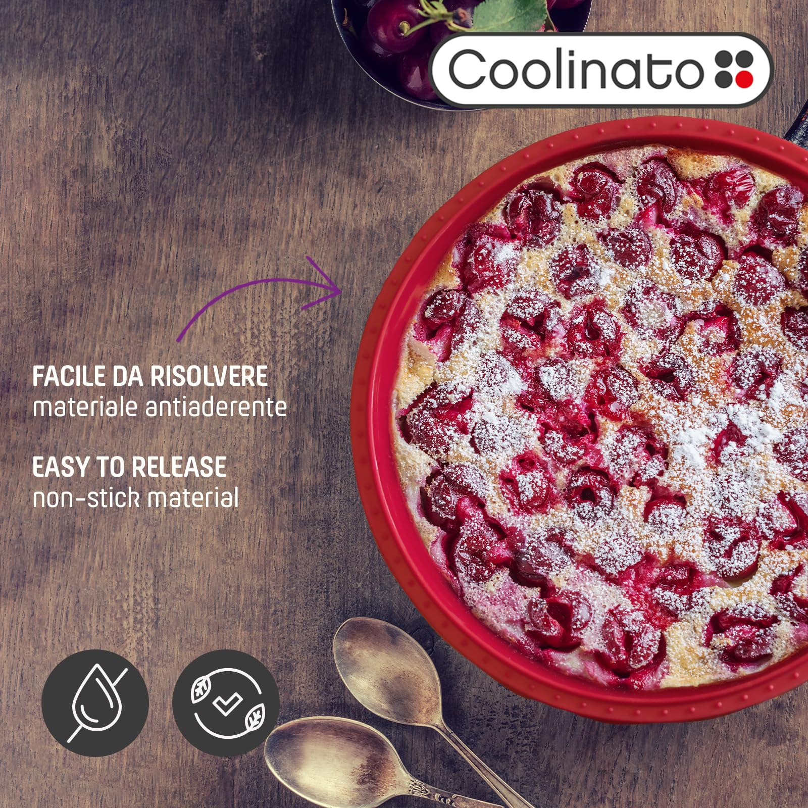 Coolinato - Teglia da forno in silicone, set da 5 pezzi, colore rosso – per torte, torte di frutta e quiche – Stampo flessibile 31 cm e 4 x 12 cm, resistente