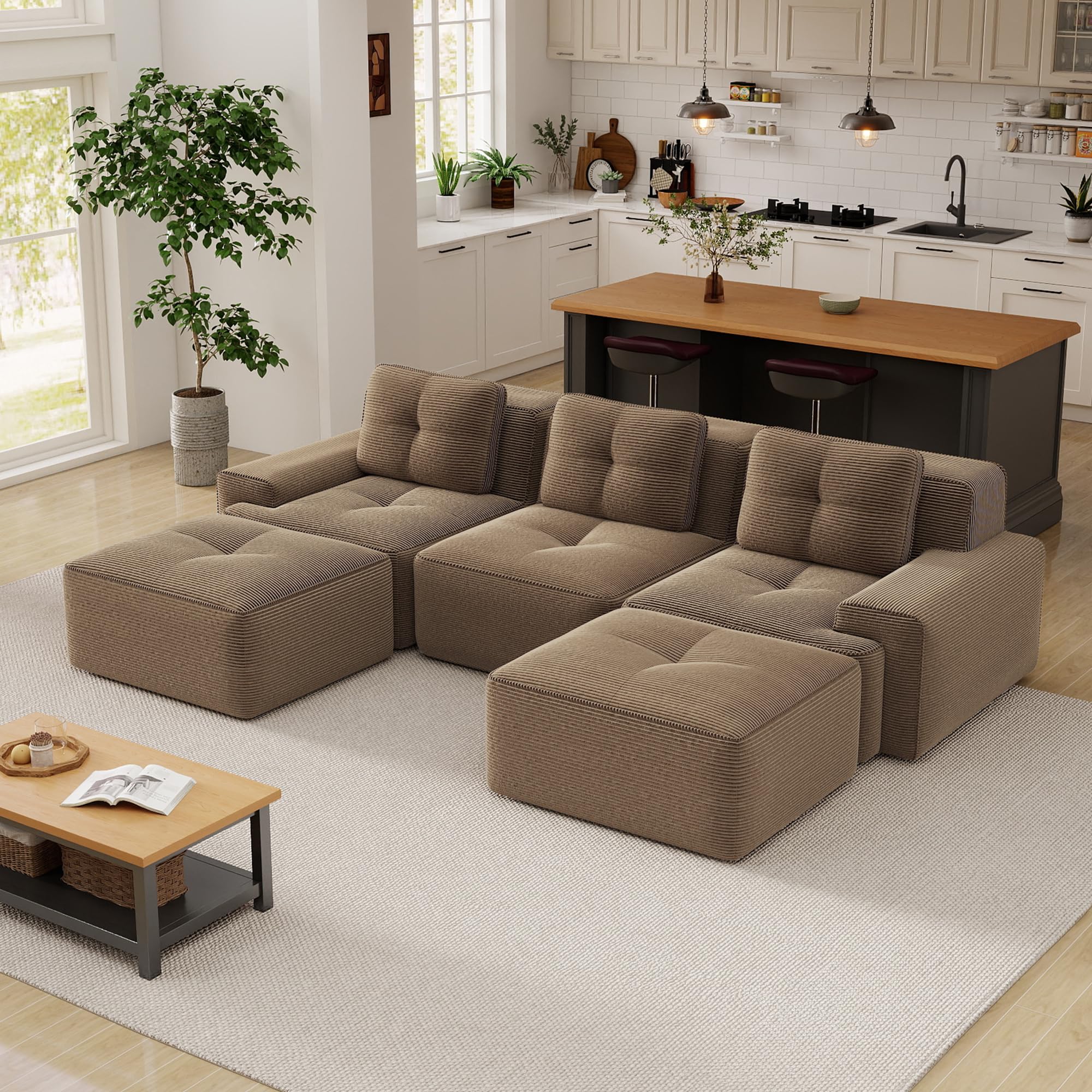 Sapgaks Canapé d'angle Convertible,canapé Convertible 2-4 Places,canapé à Compression modulaire,Rembourrage en éponge Haute densité 32D,Tissu Velours côtelé (Marron, 3 Seats + 2 footrests)