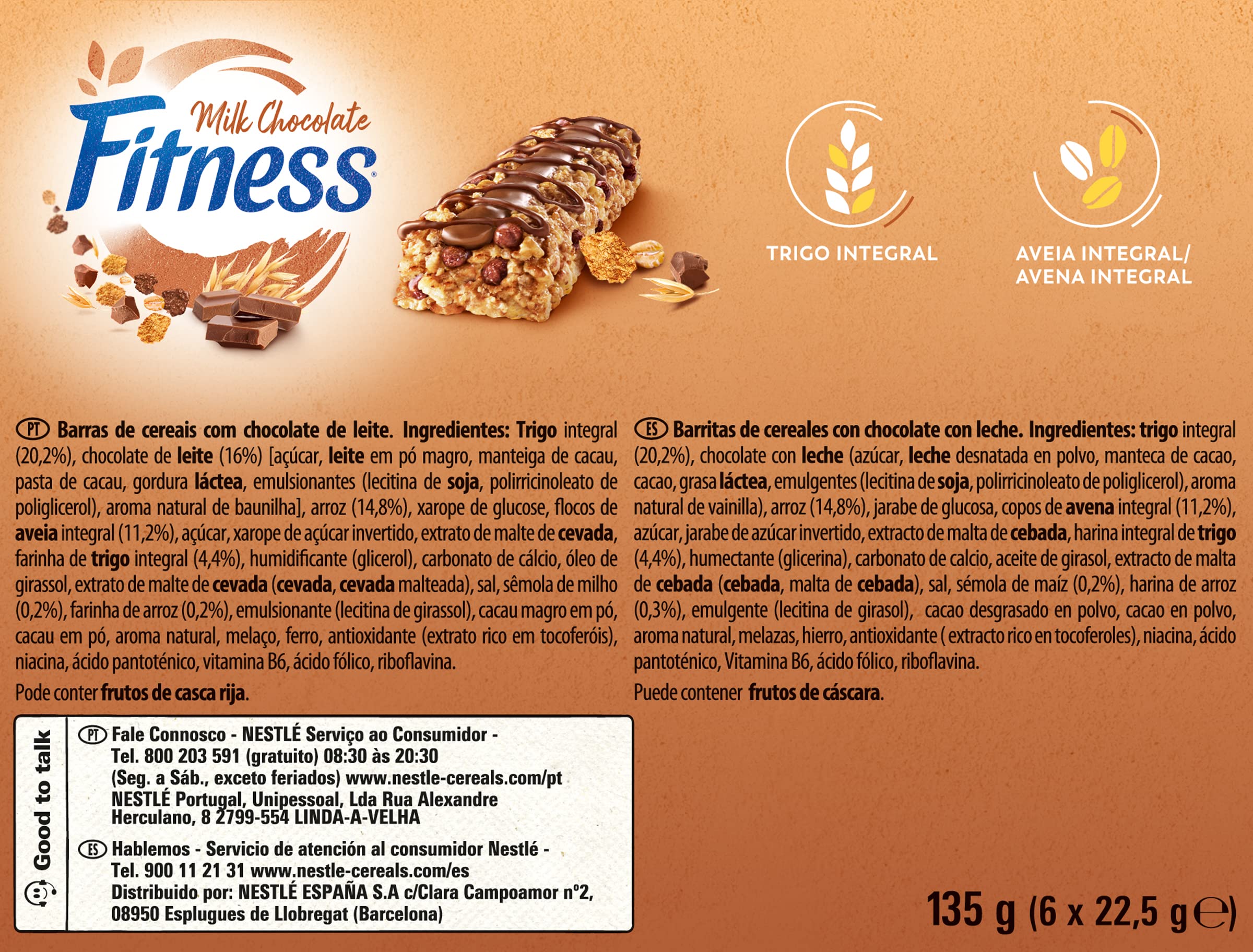 Cereales Nestlé Fitness - Barritas Chocolate con Leche, 9 x 6 Paquetes de 22.5 g