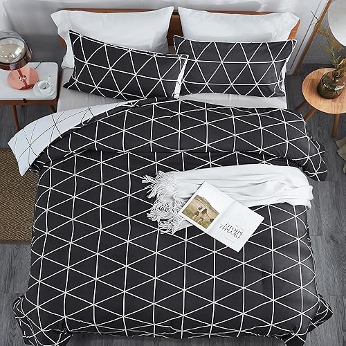 Miniatura 9 de Atarashi Juego de edredón reversible individual de 2 piezas para todas las estaciones, edredón geométrico blanco y negro con 1 funda de almohada