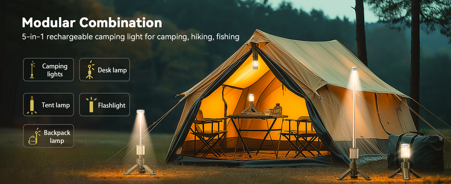 Mytrix Campinglamp met 10.000 mAh batterij, magnetische basis, perfect voor avontuur, wandelen, kamperen, live streaming, telescopisch, inklapbare magnetische campinglantaarn, geel
