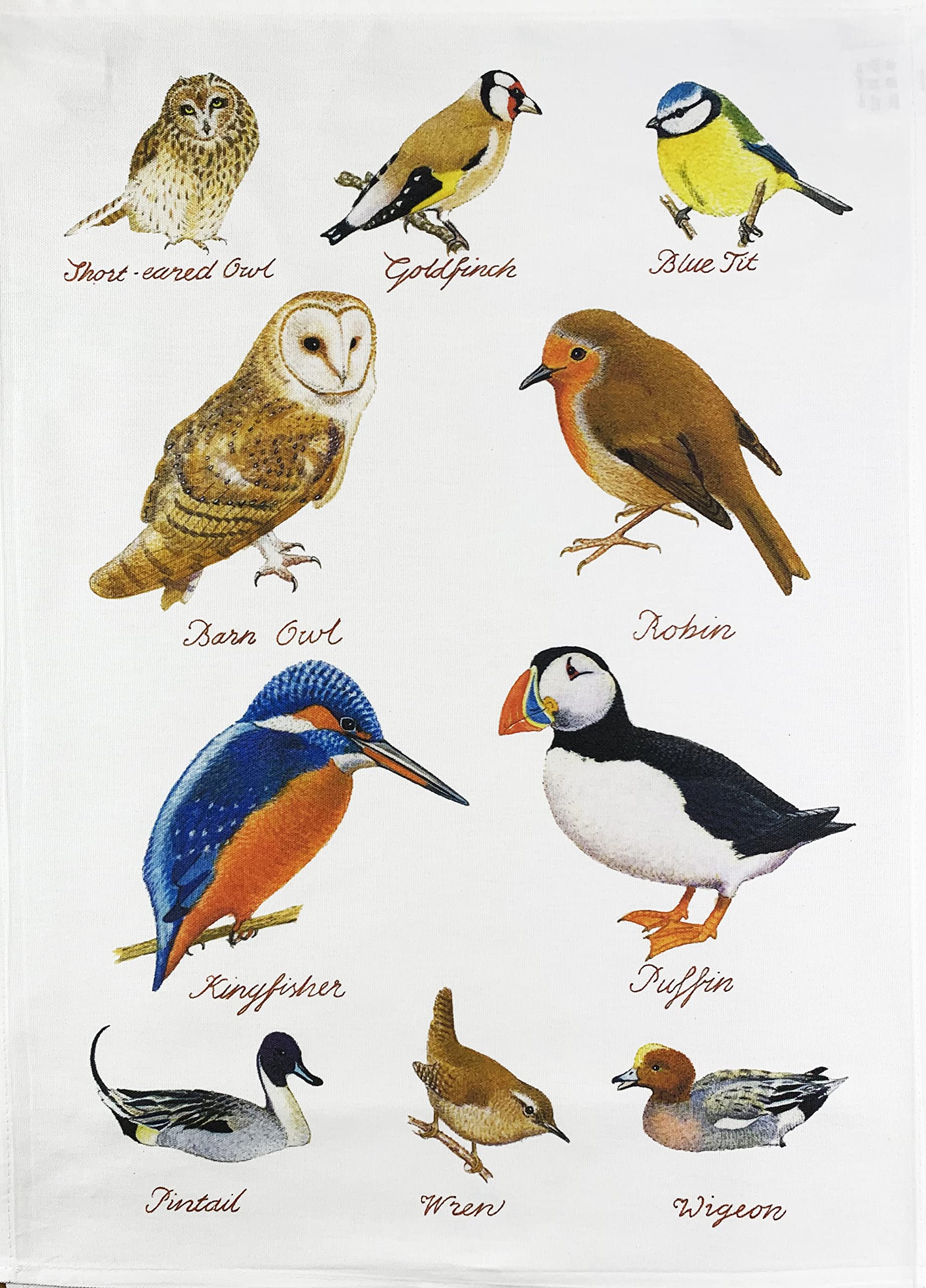 British Birds Collection Tea Towel, machine washable, cotton, hand drawn