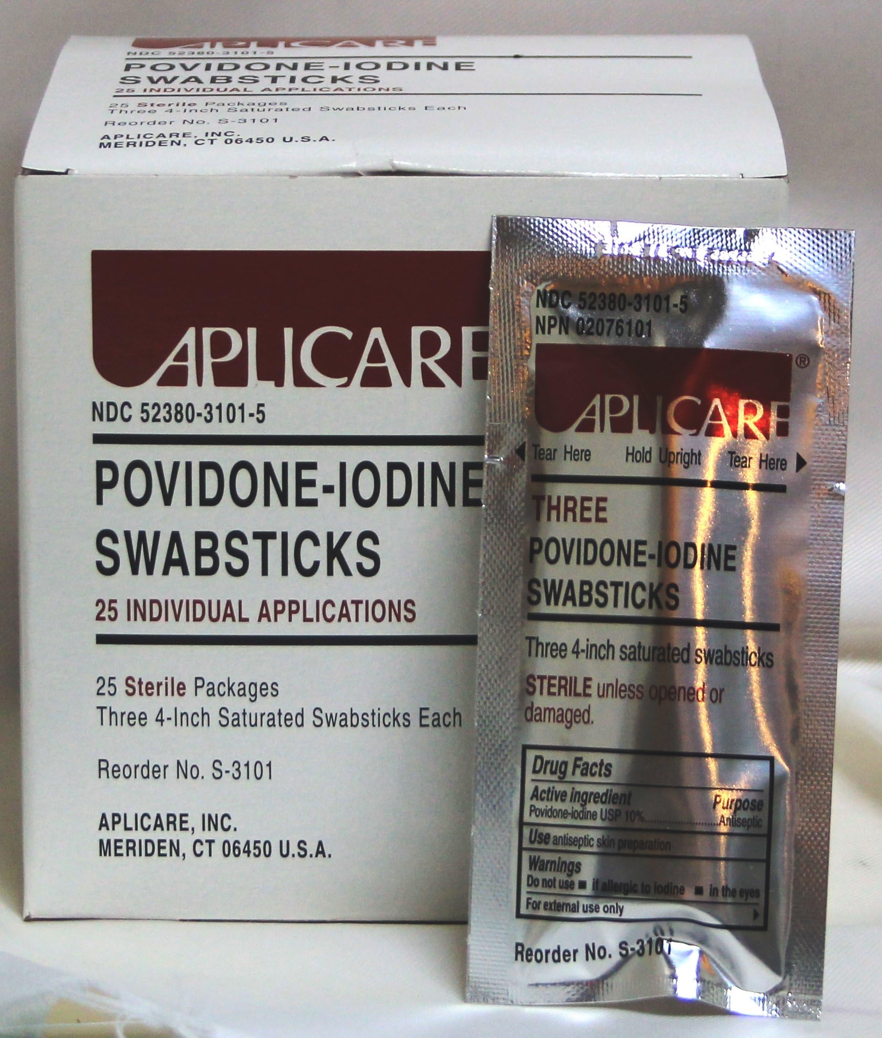 Aplicare Povidone-Iodine Saturated Swabsticks 25- 4 Inch Packs Of 3