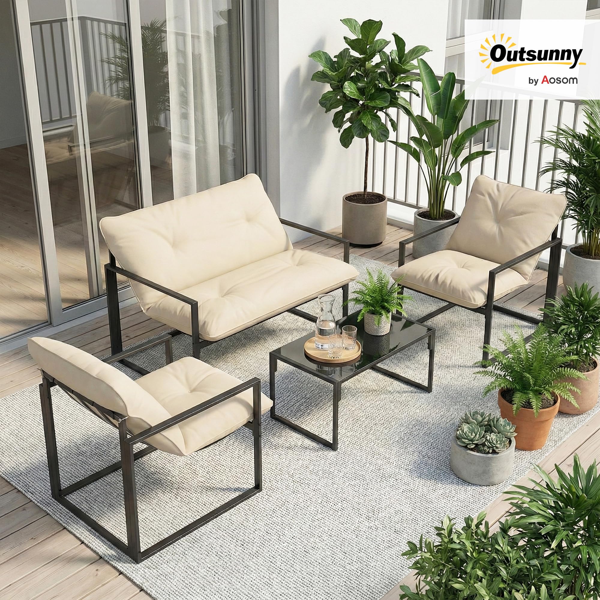 Outsunny Gartenmöbel Set Stahl Wetterfest Balkonmöbel-Set Grau+Beige | 4 Personen, 2er Sofa, Sessel, Glastisch, Sitzkissen, Outdoor Sitzgruppe, Terrassenmöbel, Gartengarnitur