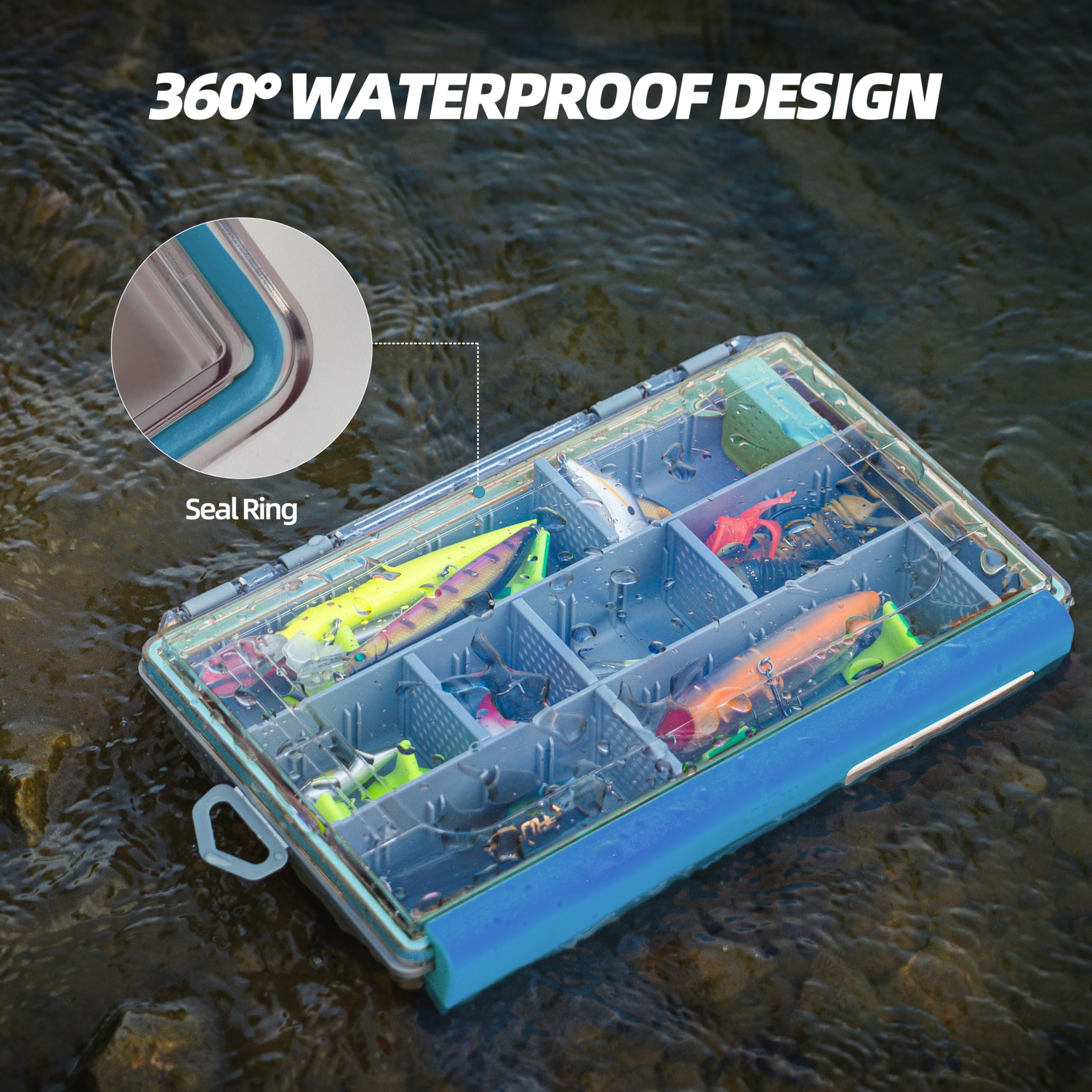 RUNCL Caja de aparejos de pesca impermeable, 1 unidad, azul, 3700